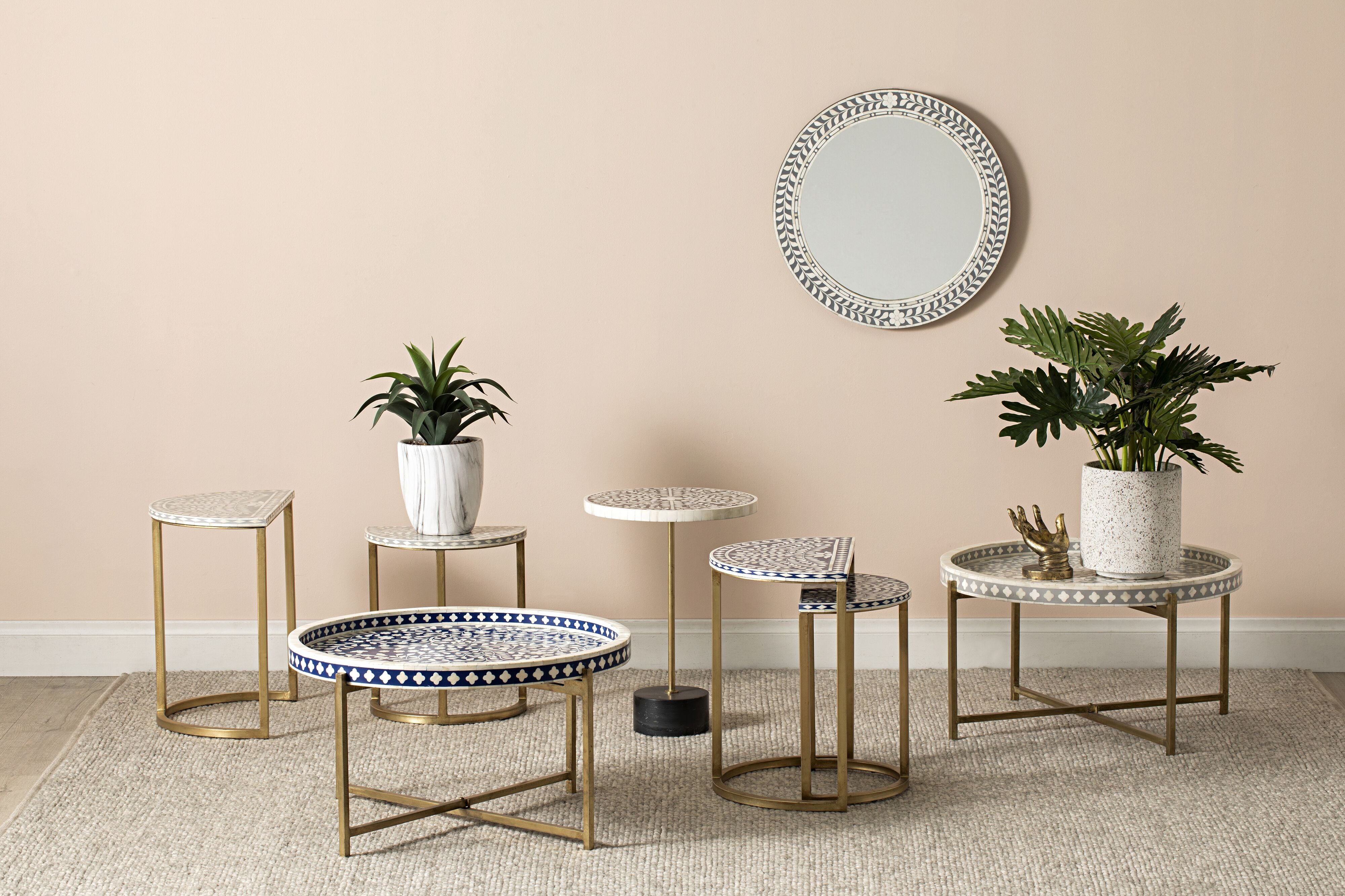 Elegant Bone Inlay Half Moon Side Table with Gold Frame - 53cm Grey Console Table for Living Room, Bedroom & Entryway Decor