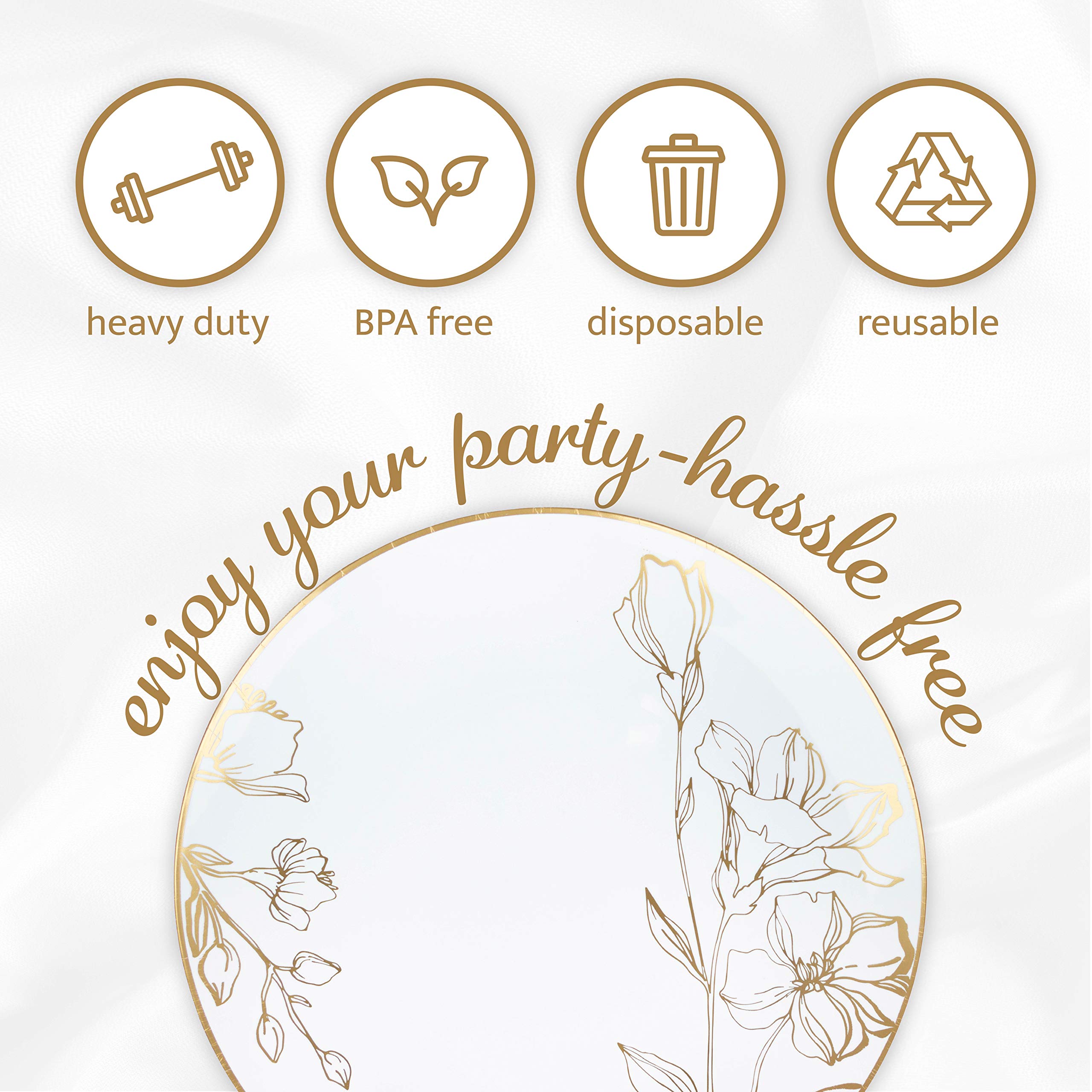 Elegant White Plastic Floral Design Party Plates with Gold Rim - Premium Heavyweight Disposable Tableware (10 Inch, 120 Count) for Weddings, Baby Showers & Special Events