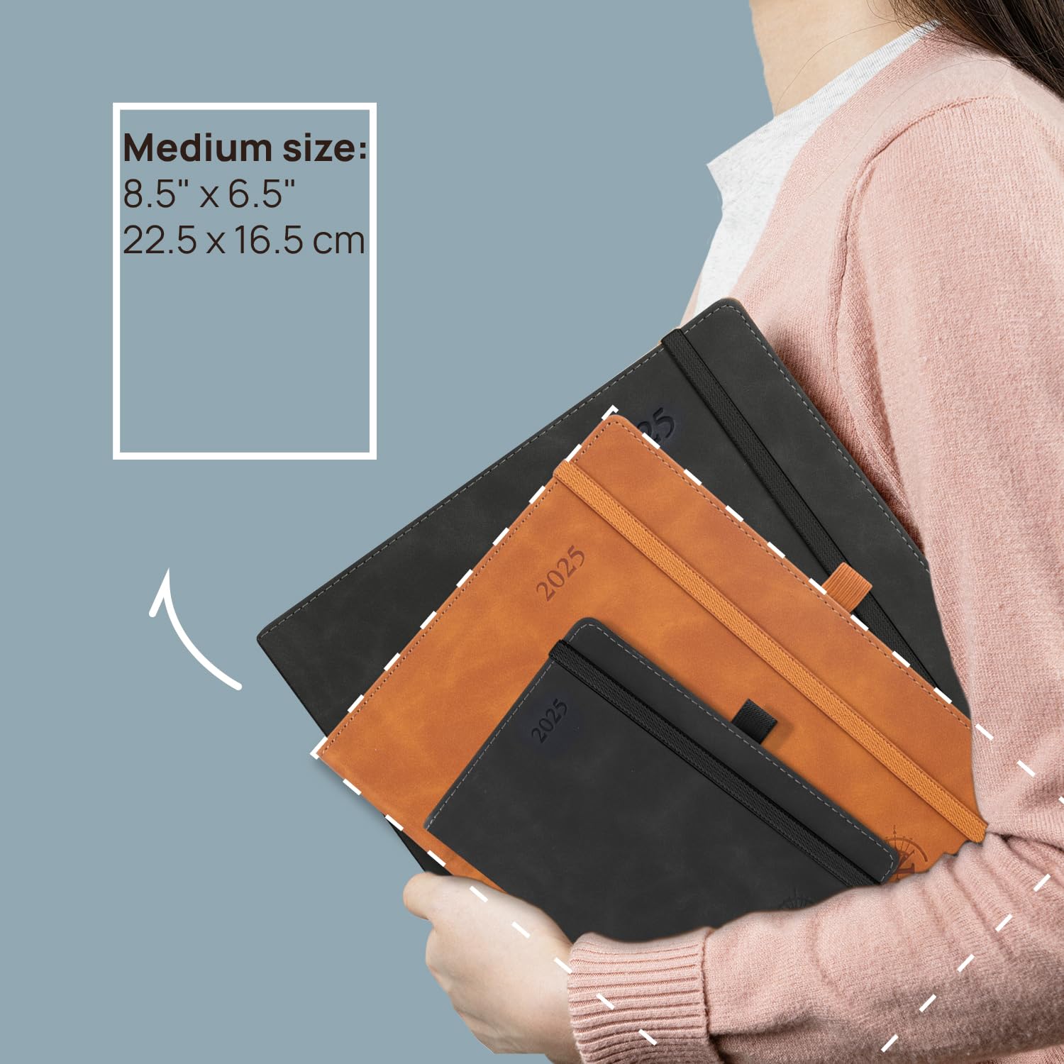 POPRUN 2025 Planner - 6.5'' x 8.5'' Weekly & Monthly Calendar Notebook with Leather Soft Cover for Time Management - Includes Monthly Tabs, Inner Pocket & 100GSM Thick Paper (Black) - Perfect for Office, School, and Personal Organization
