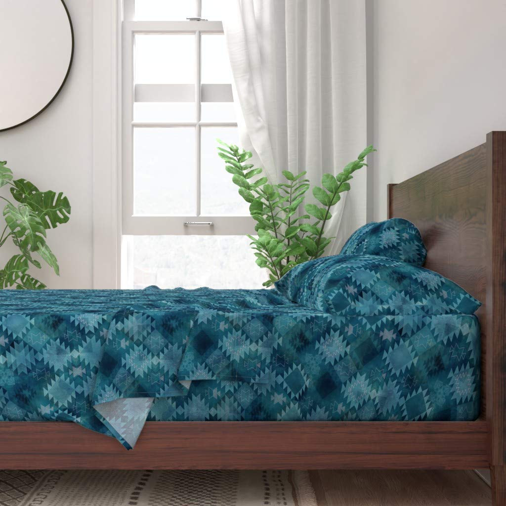 100% Cotton Twin Sheet Set 3pc - Kilim Dark Blue Bohemian Abstract Turquoise Boho Watercolor Navy Print Custom Bedding | Spoonflower | Soft & Breathable for Bedroom Decor, Guest Room, Dorm Essentials