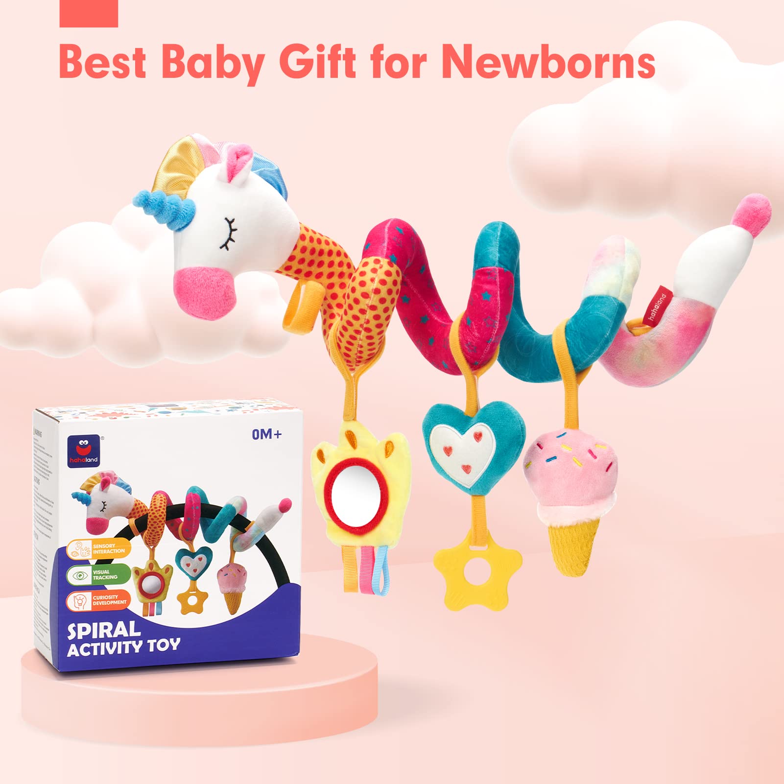 Hahaland Baby Car Seat Toys for 0-6 Months - Developmental Rattles, Mirror & Crinkle Toys for Newborn Girls - Perfect Stroller & Crib Toys for Sensory Play & Early Learning - Great Easter Gift for Infants