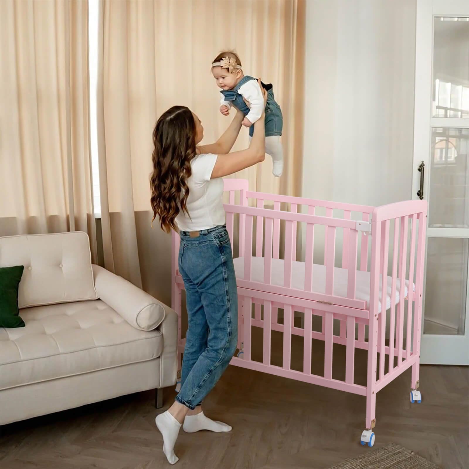 Portable Pine Wood Baby Bassinet Bedside Sleeper - Adjustable 6 Height Crib with Mattress for Newborns 0-12 Months, Space-Saving Nursery Bed for Girls (Pink) - Perfect for Co-Sleeping, Nursery Rooms & Small Spaces