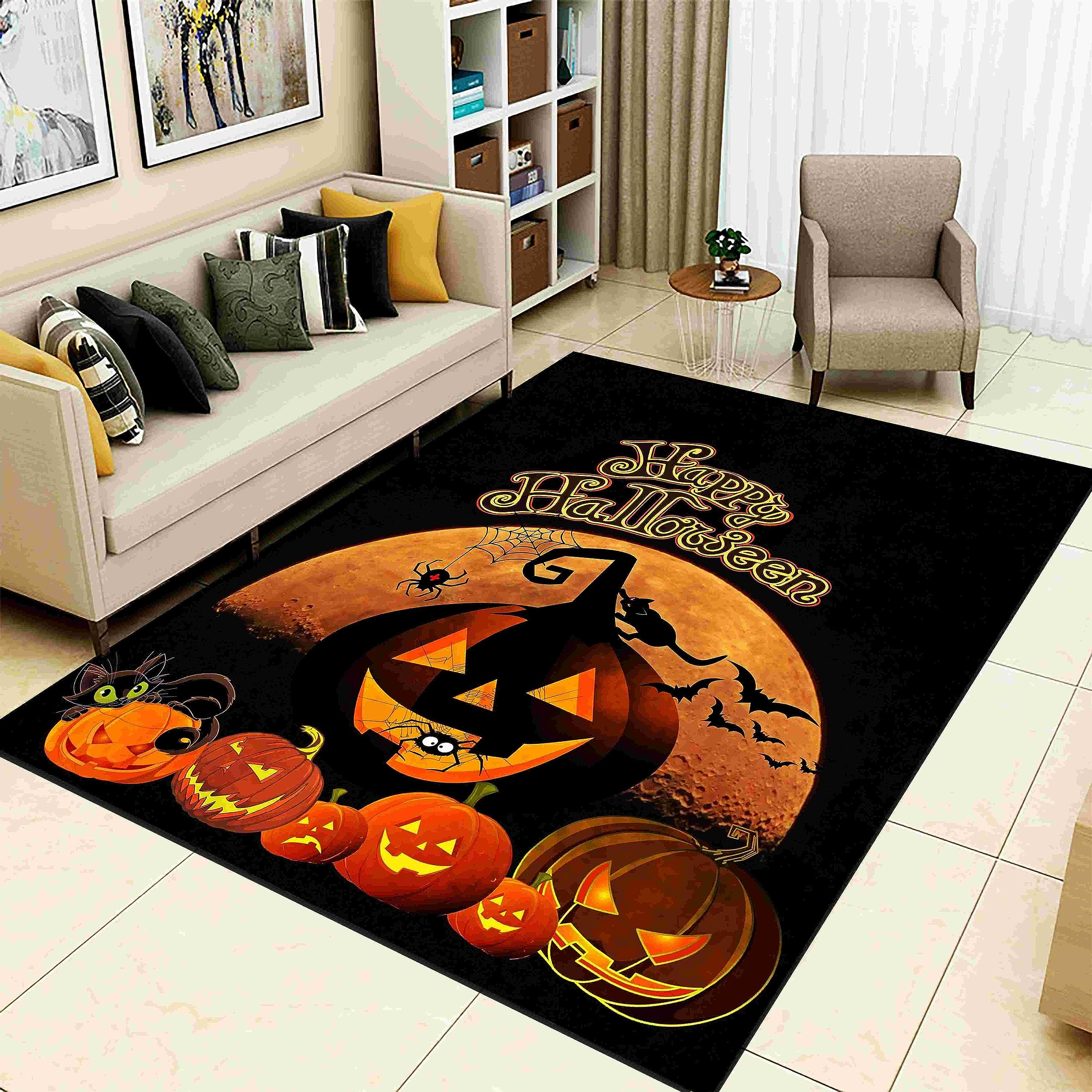 Happy Halloween Area Rugs 4x5ft - Scary Pumpkin Bat Spider Dark Night Design, Non-Slip Washable Halloween Decor Carpet for Living Room, Bedroom & Nursery - Perfect for Halloween Party Decorations & Spooky Home Decor