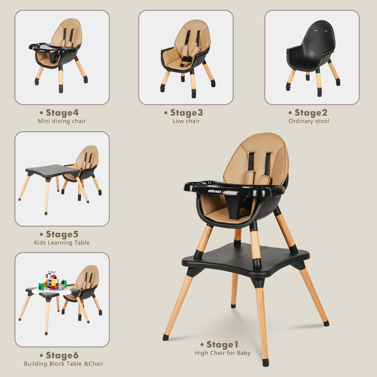 Gofirst 6-in-1 Convertible Wooden High Chair for Babies & Toddlers - Adjustable Infant Dining Booster Seat with Building Block Table & 4-Position Removable Feeding Tray - Perfect for Home, Restaurant & Travel Use