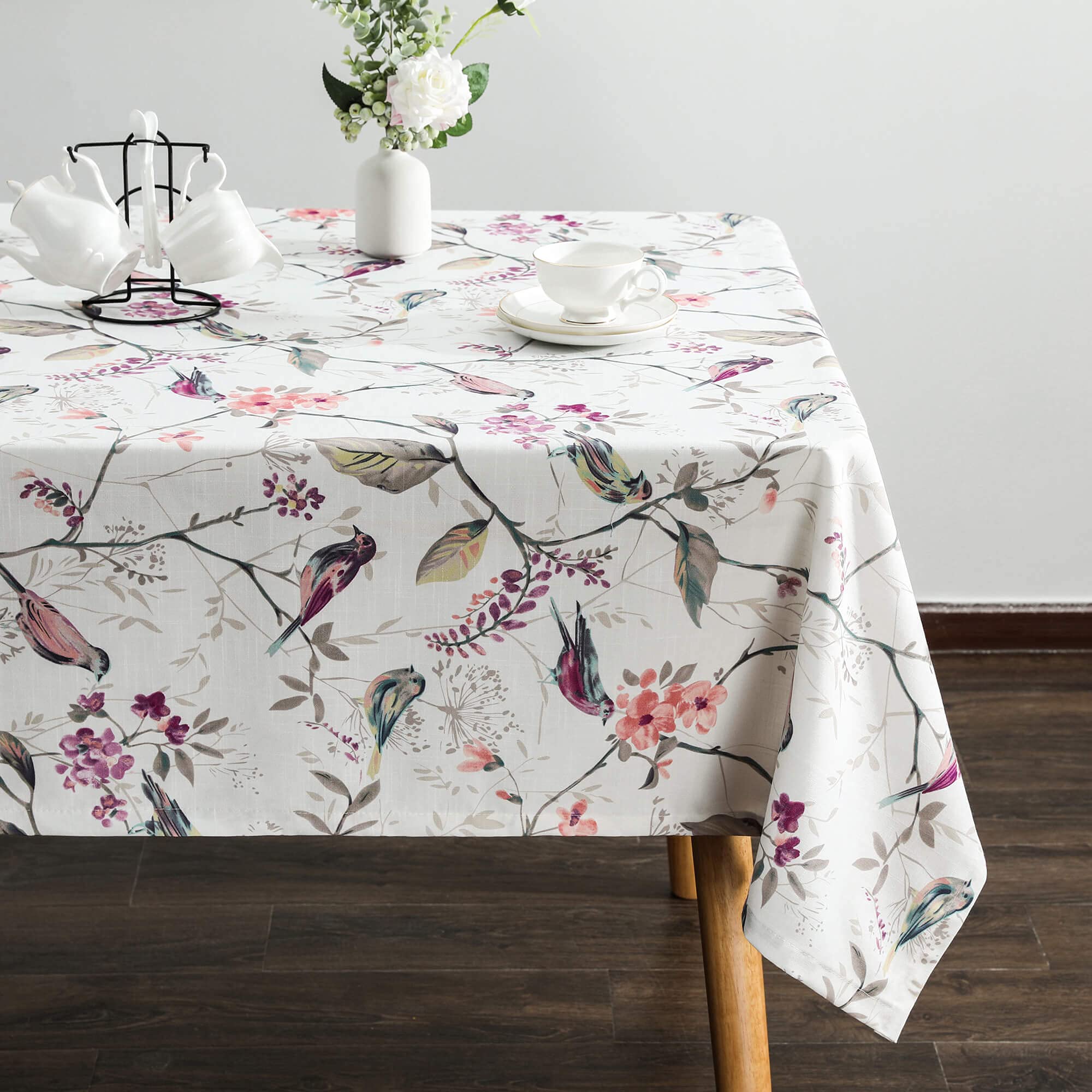 Premium Pink Floral & Bird Linen Tablecloth - Wrinkle-Free, Fade-Resistant 52x84 Inch Rectangle Table Cover for Kitchen, Dining, Party, Wedding & Holiday Buffet - Elegant Home Decor & Event Table Setting