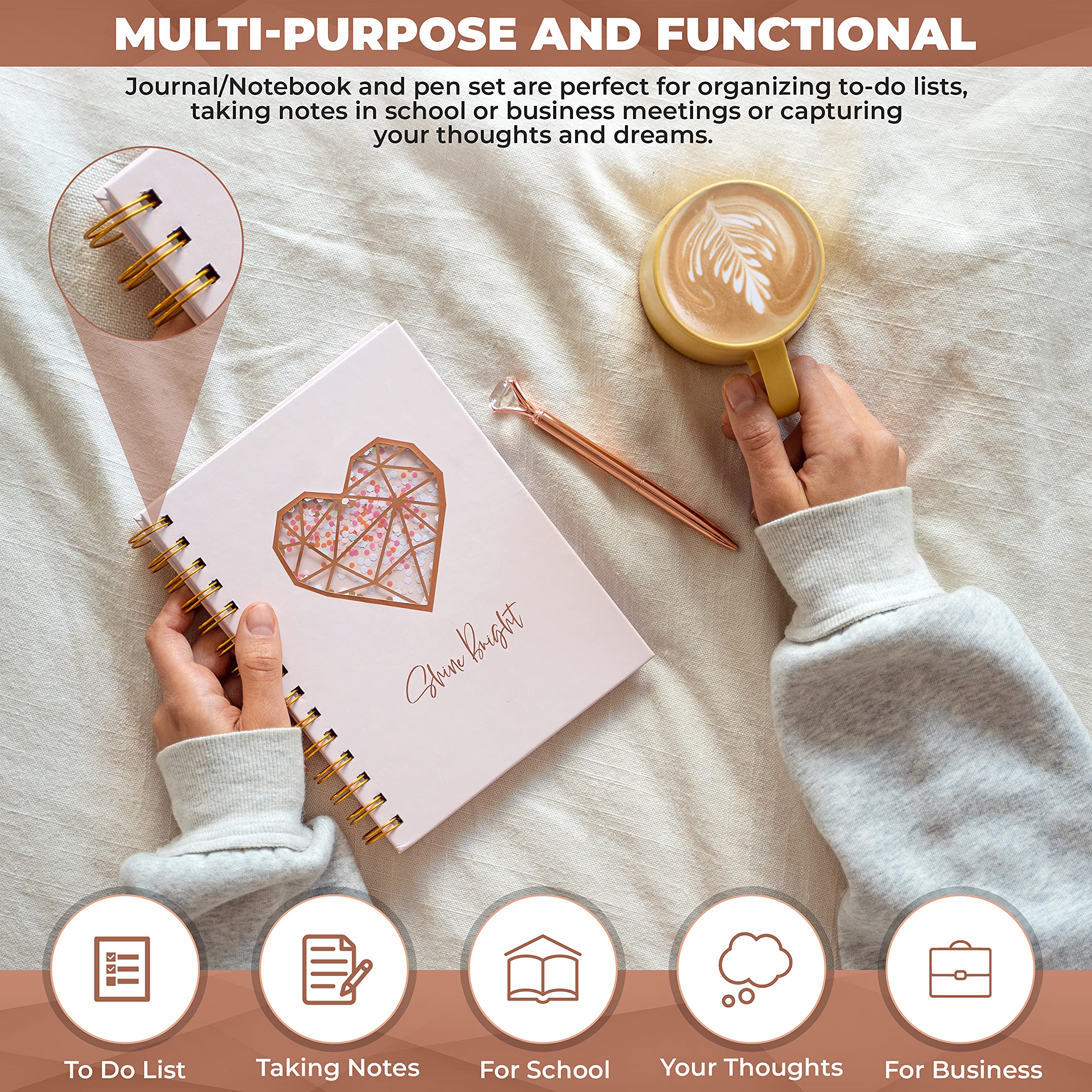 Pink Hardcover Notebook Journal Set with Diamond Pen - Cute Spiral Notebook for Women & Teens, Dream Diary, Office Supplies - 80 Ruled Pages in Decorative Gift Box - Perfect for School, Work, Journaling & Gift Giving