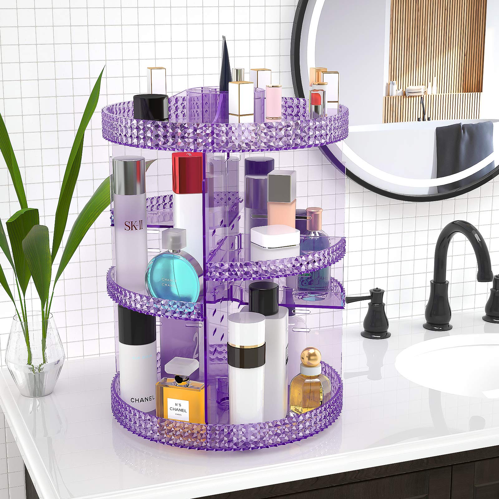 360 Degree Rotating Makeup Organizer - Extra Large Capacity Cosmetic Storage with 7 Removable Layers | Spinning Perfume & Skincare Organizer for Dresser or Countertop (Purple) | Perfect for Vanity, Bathroom & Bedroom Organization