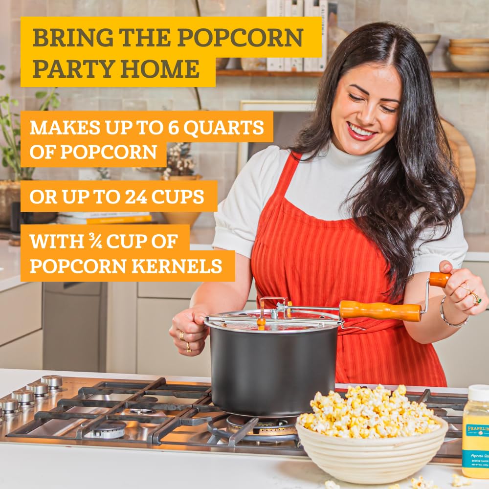 Franklin's 6-Quart Stovepop Popcorn Maker - Healthy Homemade Movie Theater Popcorn Popper with Free Organic Popcorn Kit - Perfect for Family Movie Nights, Parties & Snack Time