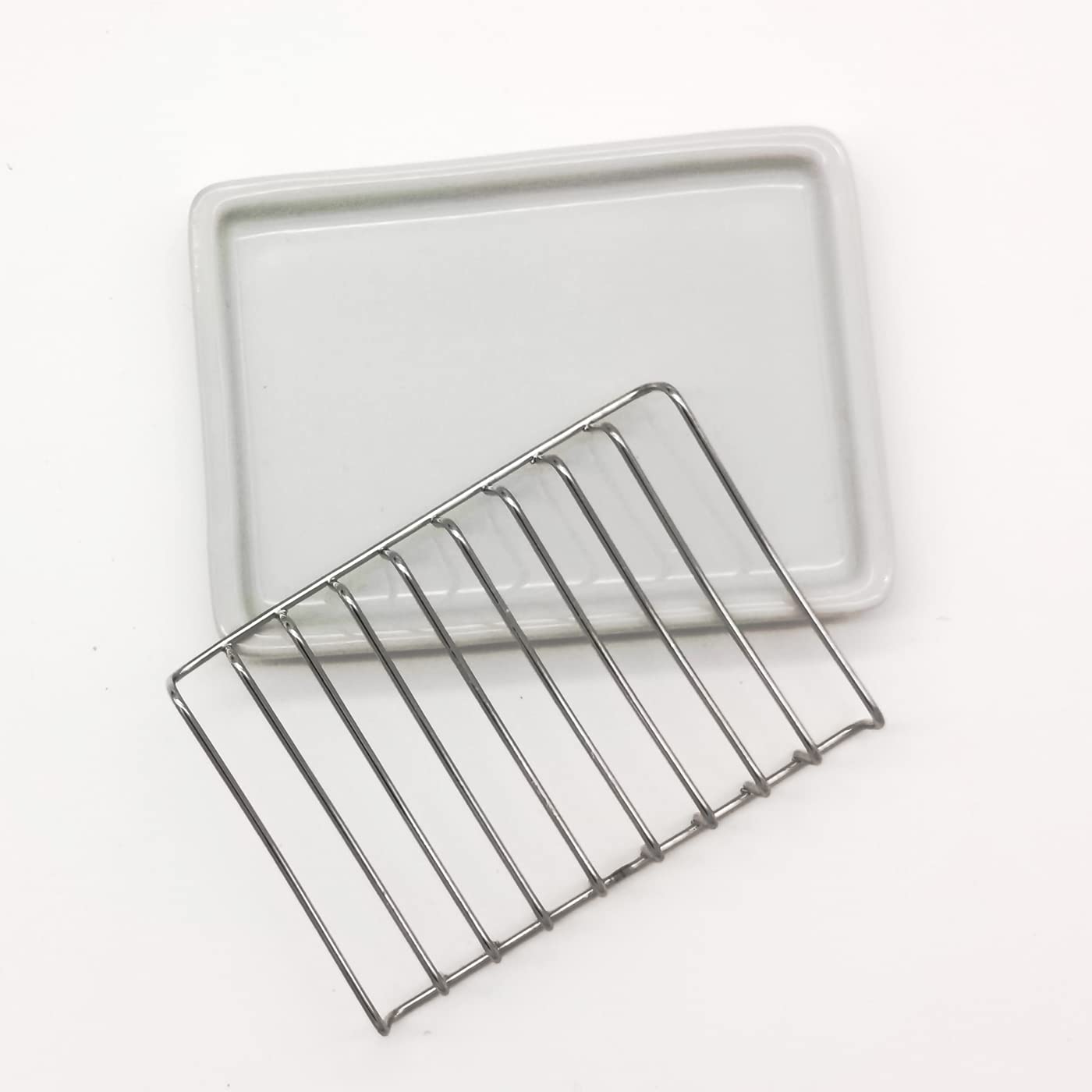Stainless Steel Ceramic Soap Dish with Drain Tray - Self Draining Soap Holder & Sponge Organizer for Shower, Bathroom, Kitchen Sink - Perfect for Bathroom Countertops, Shower Shelves & Kitchen Organization