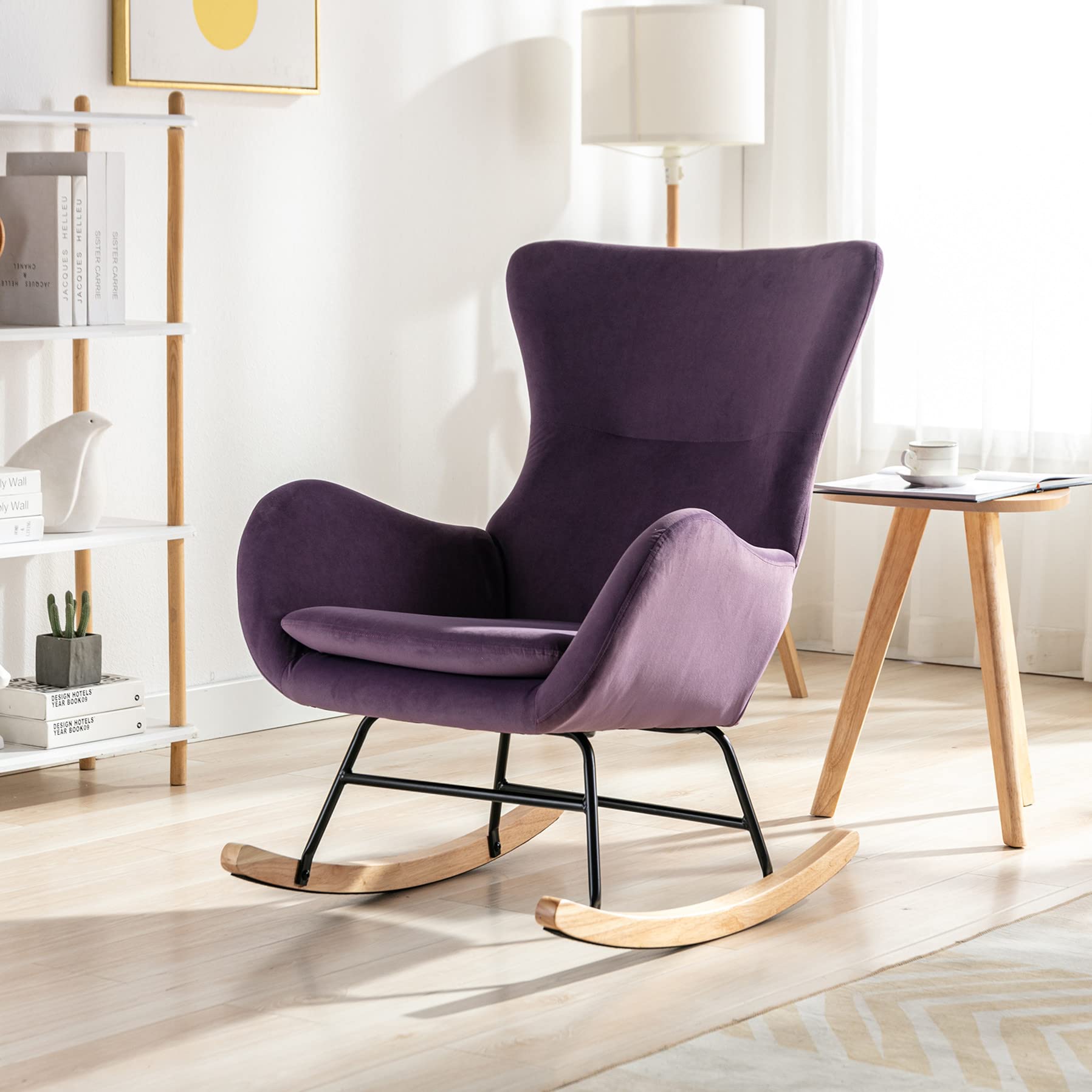SSLine Comfortable Nursery Rocking Chair - Purple Velvet Upholstered Modern High Wingback Glider Armchair for Baby Nursery, Living Room & Bedroom | Cozy Breastfeeding Rocker & Relaxing Reading Chair (B Style-Purple)
