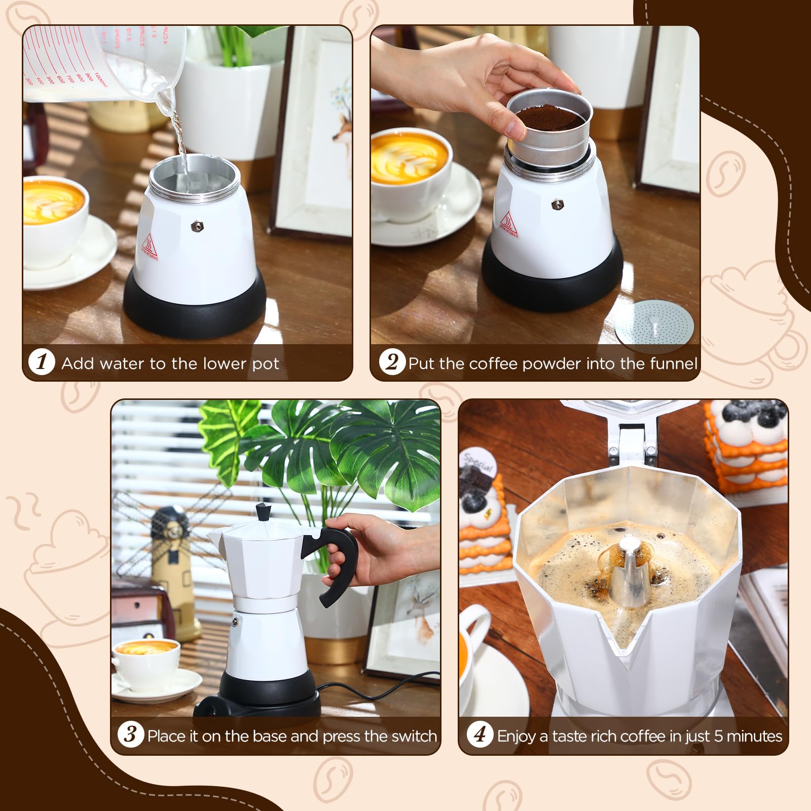 6-Cup Electric Moka Pot - Portable Aluminum Espresso Maker for Home & Travel (White) - Perfect for Coffee Lovers