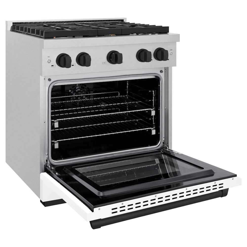 ZLINE Autograph Edition 30-inch Dual Fuel Range - 4.2 cu. ft. Capacity, 4-Burner Gas Cooktop & Electric Convection Oven - Satin Stainless Steel with White Matte Door & Matte Black Accents (SDRSZ WM 30 MB) - Perfect for Modern Kitchens, Home Chefs & Gourmet Cooking