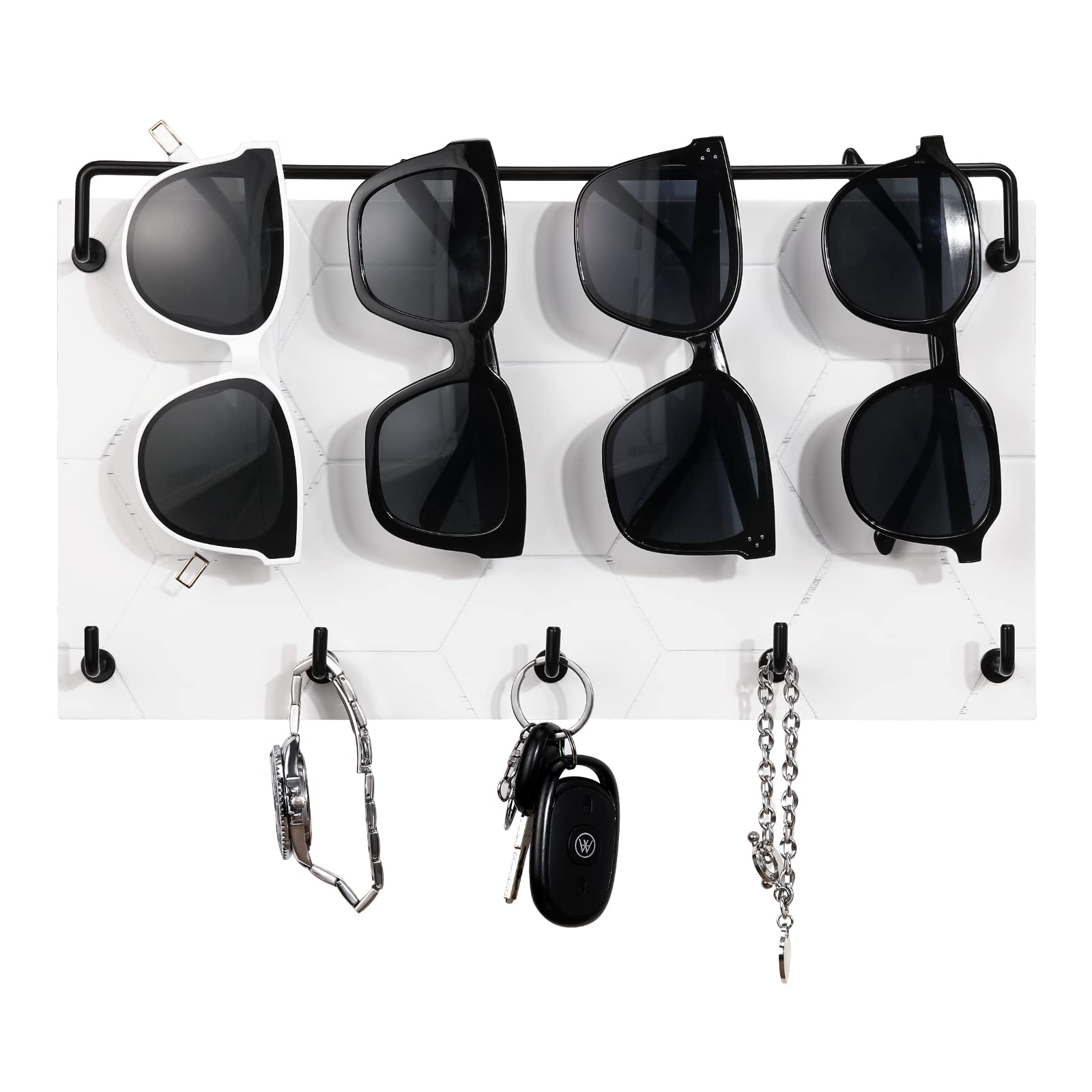Emibele Wooden Wall Mounted Sunglass & Jewelry Organizer with 5 Hooks - Eyeglass Storage Display Key Holder for Entryway, Living Room, Bedroom - Decorative White Home Organization Solution for Glasses, Keys & Accessories
