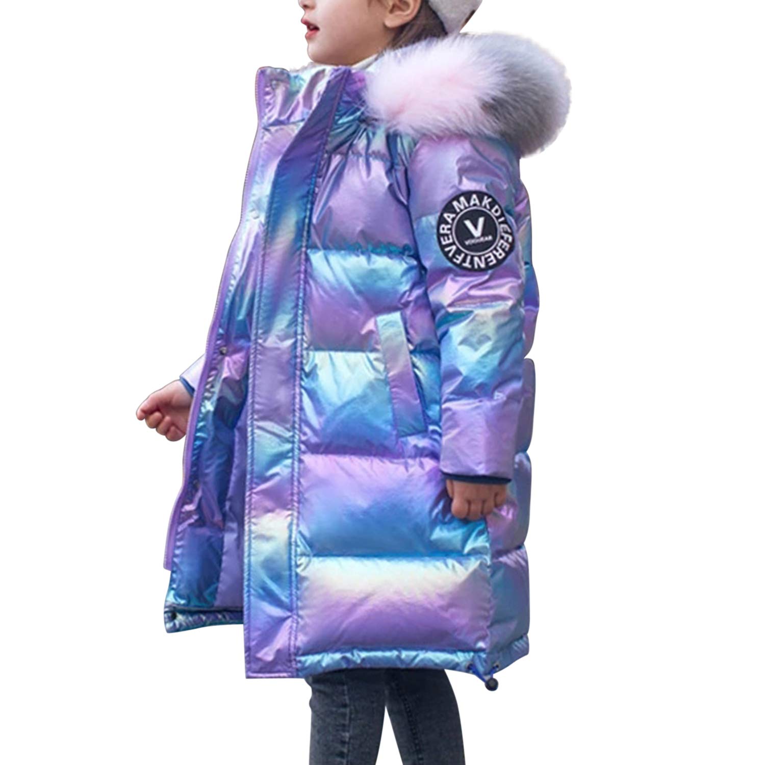 Evelin BEE Girls Winter Warm Faux Fur Collar Hooded Padded Jacket Coat - Loose Shiny Puffer Outerwear for Cold Weather, Snow Days & Outdoor Activities