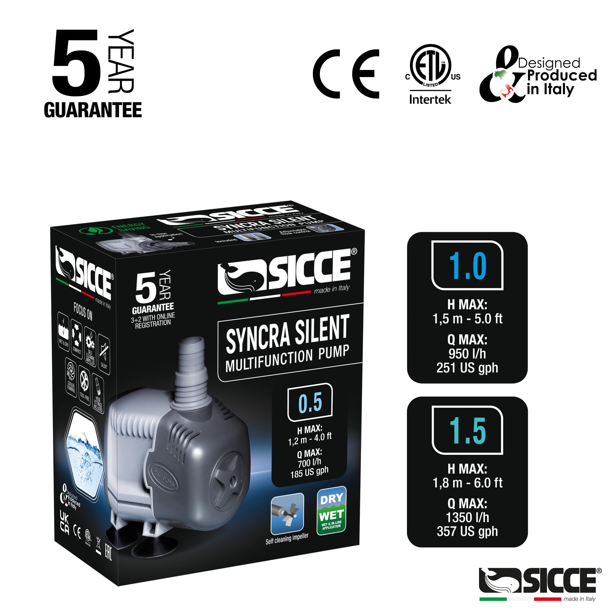 SICCE Syncra Silent 0.5 Submersible Water Pump 185 GPH - Ultra Quiet 8W Aquarium Pump for Fish Tank, Fountain, Pond | Italian Made Durable Design for Freshwater & Saltwater | Perfect for Hydroponics, Terrariums, and Indoor Water Features