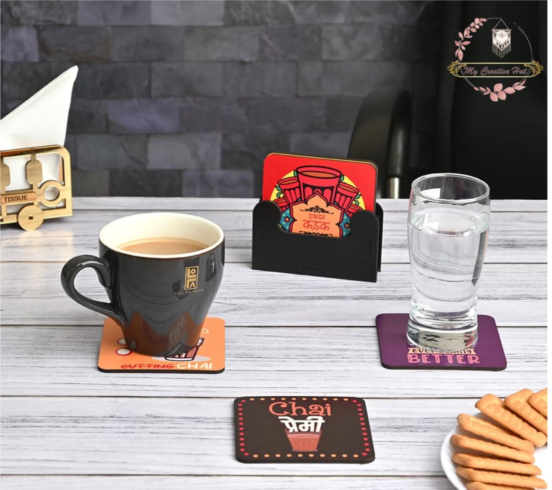 My Creative Hut Set of 6 Tea Coasters - Beautiful Absorbent Cork Drink Coasters for Tea Cups, Coffee Mugs & Glasses with Stand - Perfect for Home, Office & Diwali Gifting (Chai Nukkad) - Protect Tables from Spills & Stains