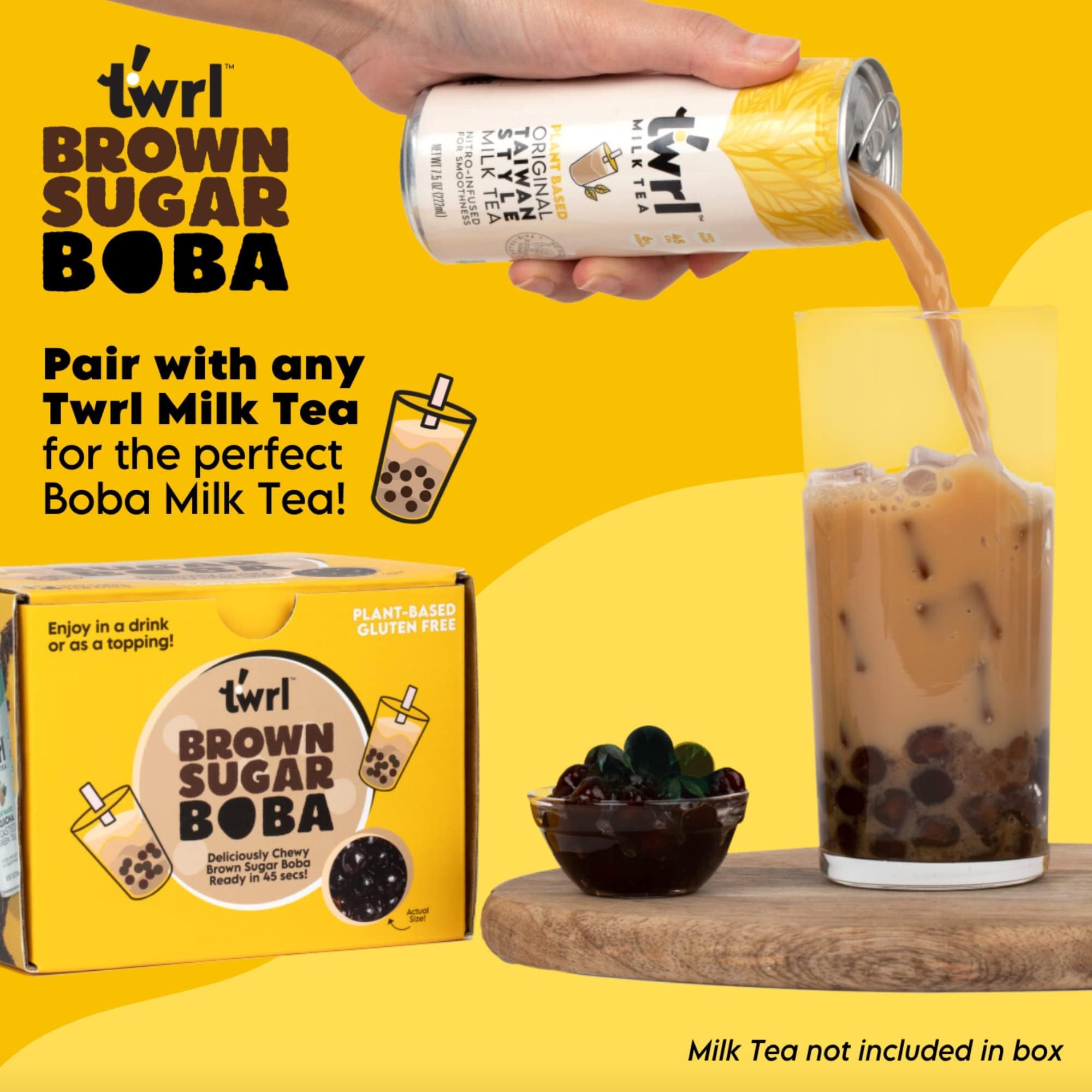 Twrl Brown Sugar Boba Bubble Tea Toppings - Authentic Taiwanese Tapioca Pearls for Milk Tea & Coffee | Gluten-Free, Vegan, Instant Boba (6 Single-Serve Pack) | Perfect for Home Bubble Tea, Coffee Shops & Dessert Toppings