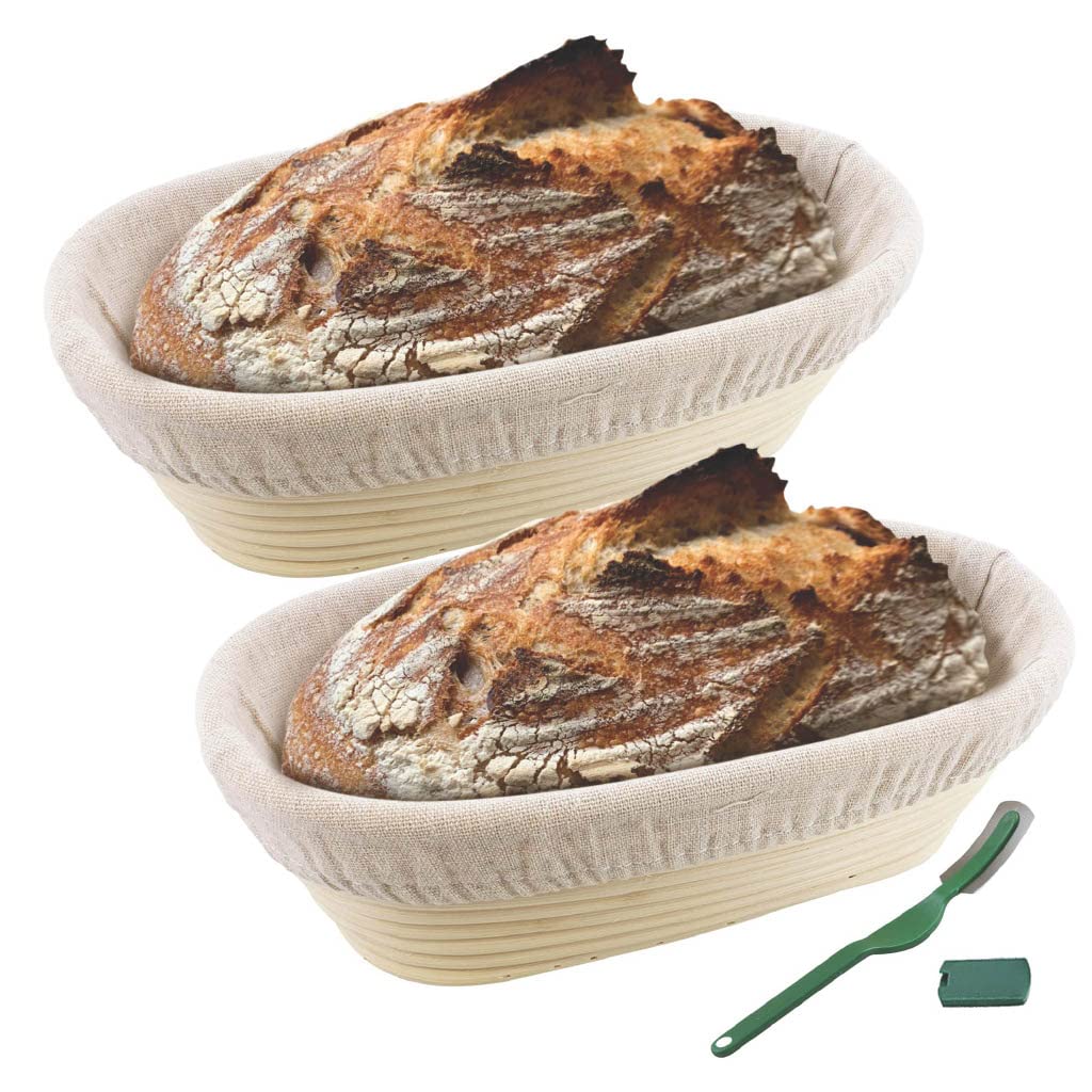 2 Pack 10 Inch Oval Bread Proofing Basket for Sourdough Bread Baking - Banneton Basket with Dough Scraper & Linen Liner for Artisan Homemade Bread - Perfect for Professional Bakers & Home Baking Enthusiasts | Great for Sourdough, French Bread & Rustic Loaves