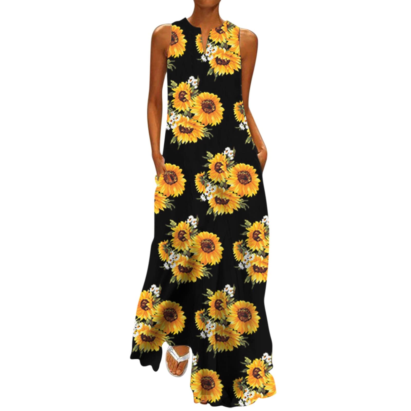 iQKA Women's Sleeveless V-Neck Bohemian Floral Maxi Dress - Summer Beach Sundress with Pockets | Casual Wear, Vacation Outfit, Festival Dress