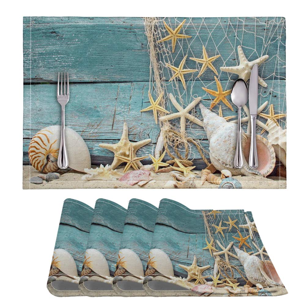 Starfish Shell Placemats Set of 4 - Heat-Resistant Beach Theme Table Mats for Kitchen & Dining, Non-Slip Washable Durable Place Settings - Perfect for Coastal Decor, Summer Parties & Seafood Dinners