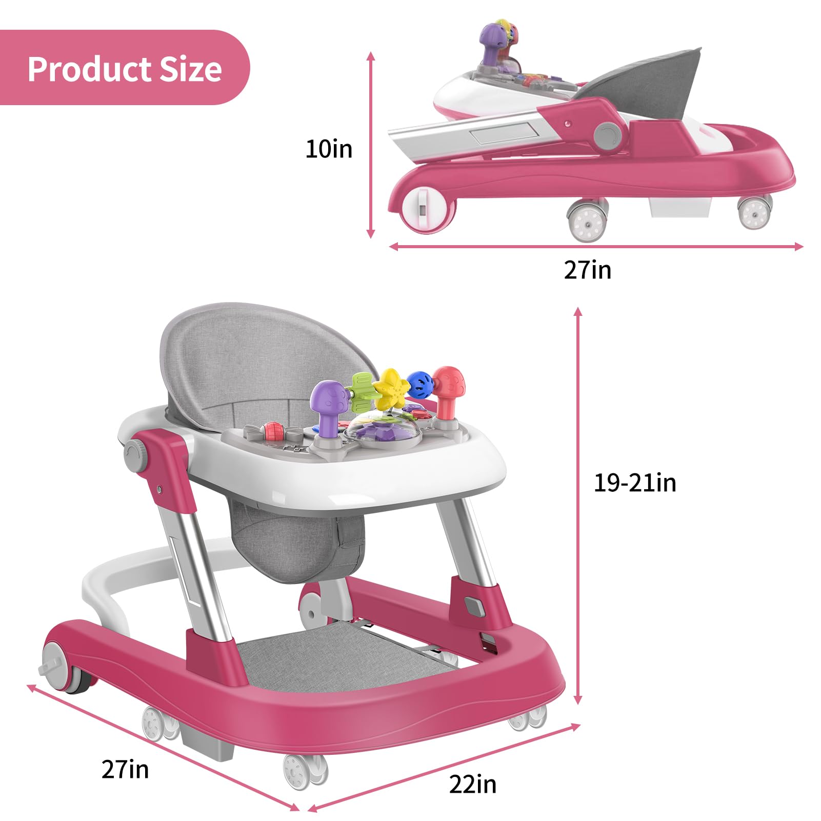 2-in-1 Baby Walker with Wheels | Adjustable Height & Speed Learning Activity Walker | Foldable Infant Walker with Removable Play Tray & Footrest | Walk-Behind & Seated Modes for Boys & Girls 6-18 Months | Perfect for Early Walking Practice & Playtime Development