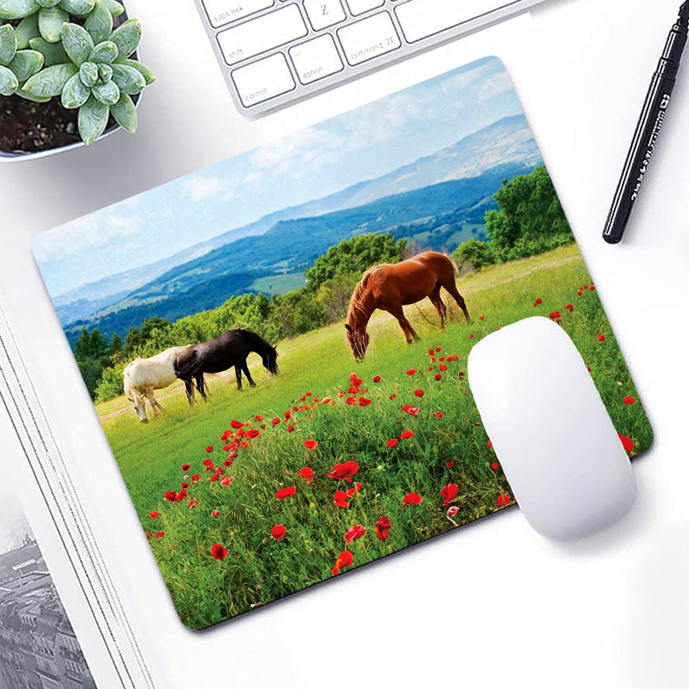 Premium Horse Landscape Mouse Pad - Realistic Horses Eating Grass in Field & Mountain Scenery - Non-Slip Rubber Base Gaming & Office Desk Accessory - Perfect for Work, Gaming & Home Computer Setup