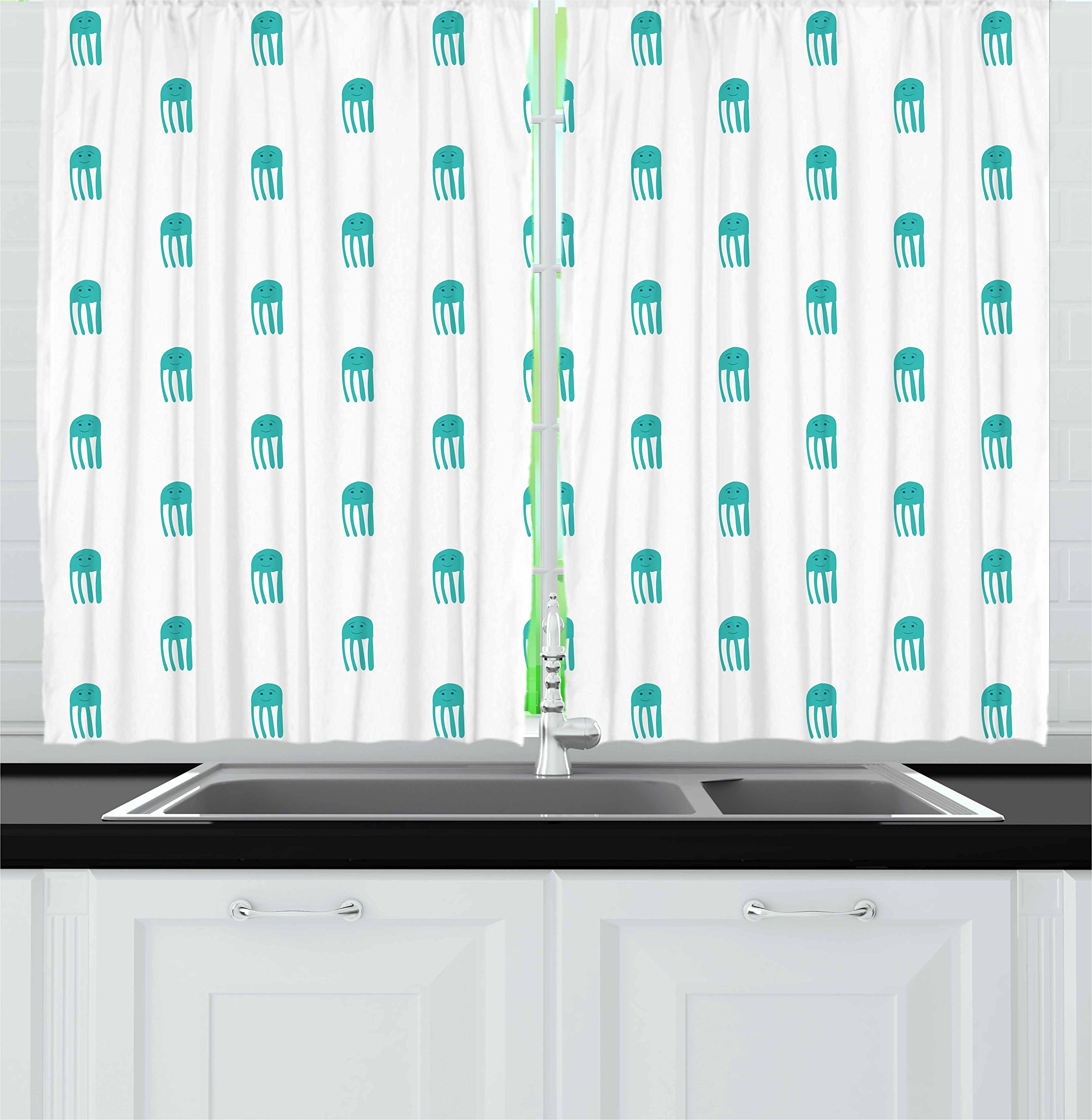 Ambesonne Jellyfish Kitchen Curtains - Hand Drawn Ocean Theme Window Drapes, 2 Panel Set 55
