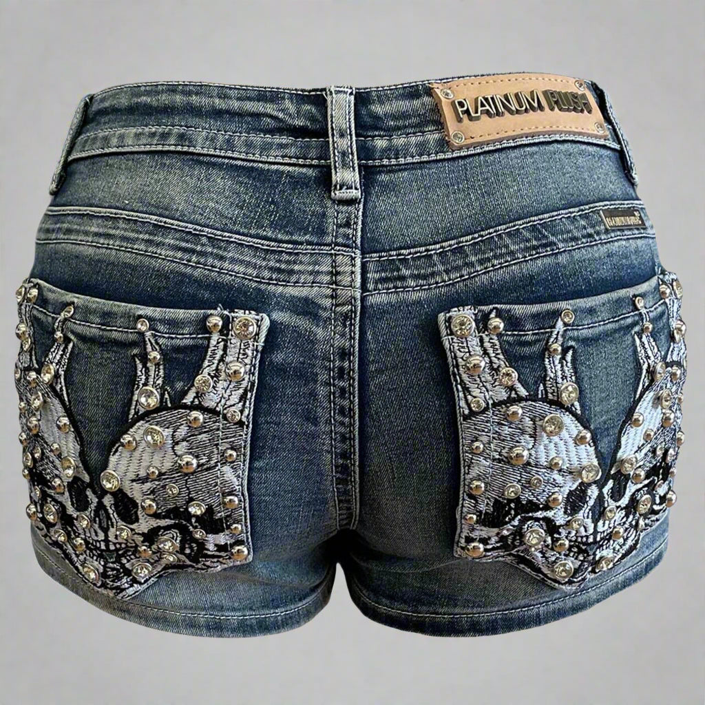 Women's Rhinestone Skull Wing Denim Shorts - Gothic Fashion Distressed High Waisted Jean Shorts for Concerts, Parties & Streetwear Outfits