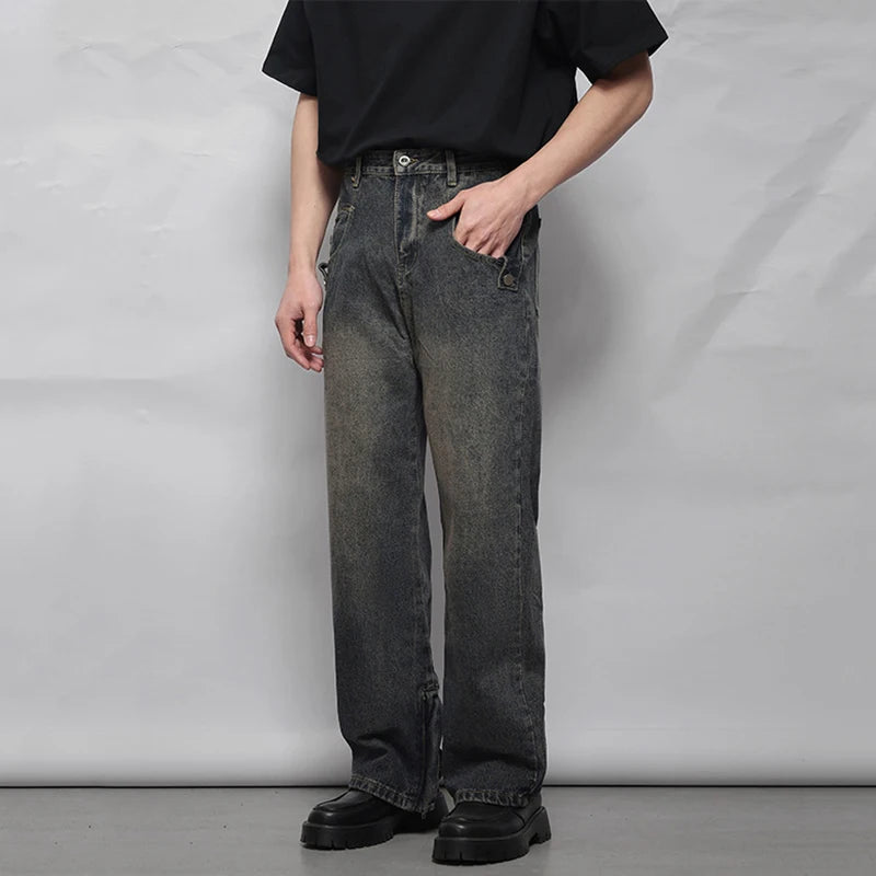Vintage Washed American Style Men's Denim Jeans with High Street Foot Zipper Design - Trendy Summer Bottoms for Casual Wear & Street Fashion | 9C6633