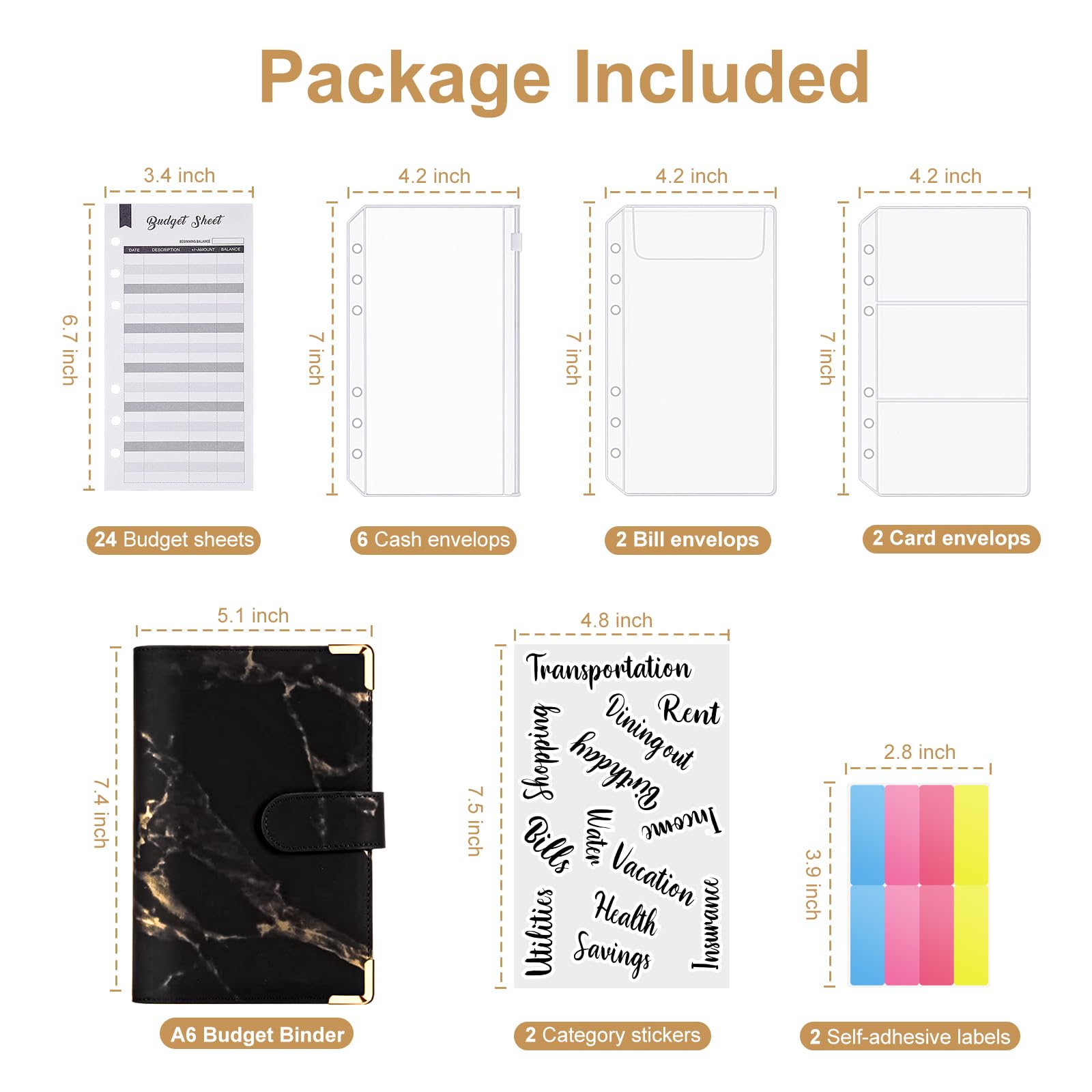 PU Leather Budget Binder with Zipper Envelopes - Money Organizer for Cash, Bills & Coupons | Cash Envelope System for Budgeting & Saving Money | Marble Black | Perfect for Home Finance, Travel & Office Use