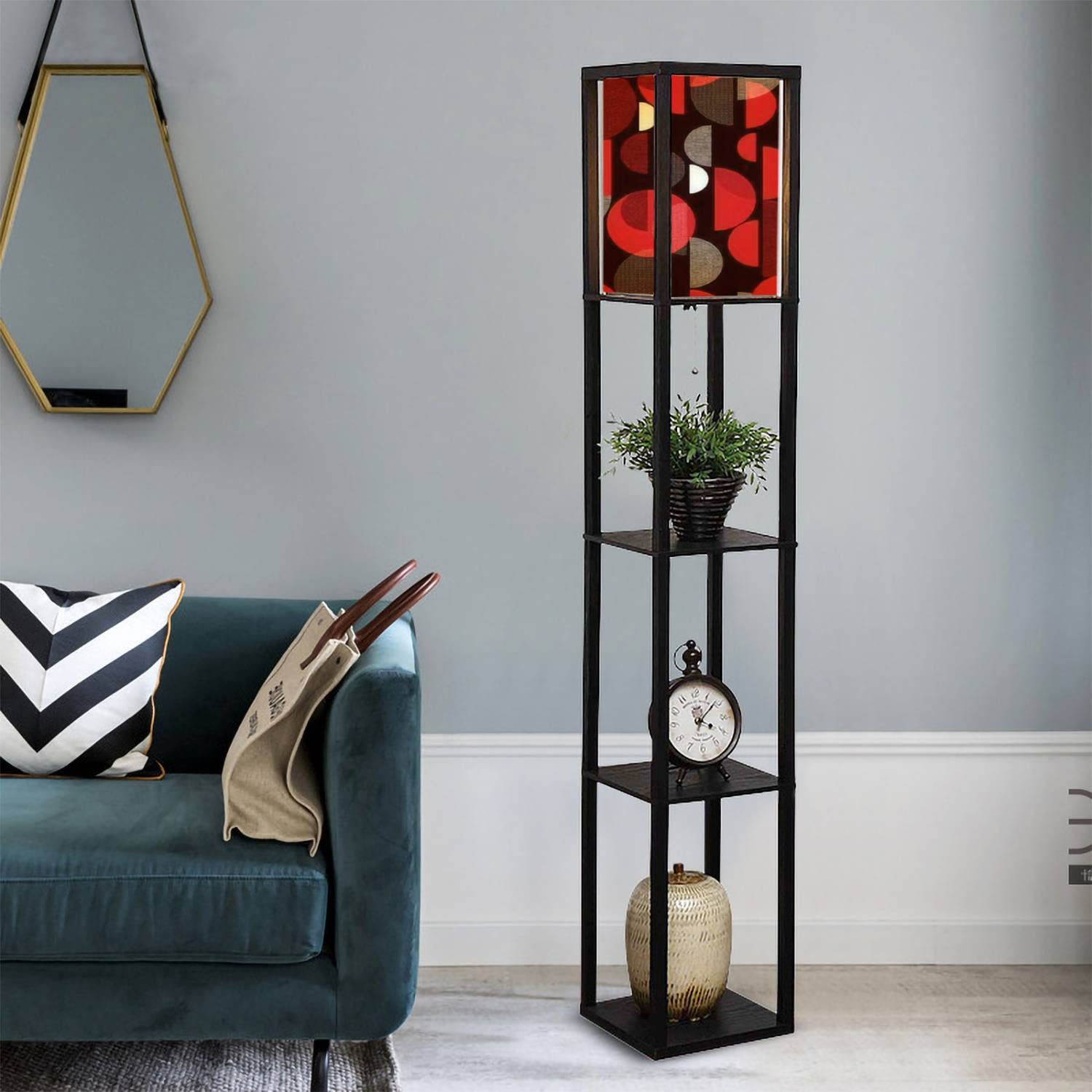 Modern Geometric Standing Lamp with Shelves - Red & Black Vertical Design, Flaxen Fabric Shade - Tall Corner Floor Lamp for Living Room, Bedroom - Perfect for Reading Nook, Home Office Lighting & Aesthetic Decor