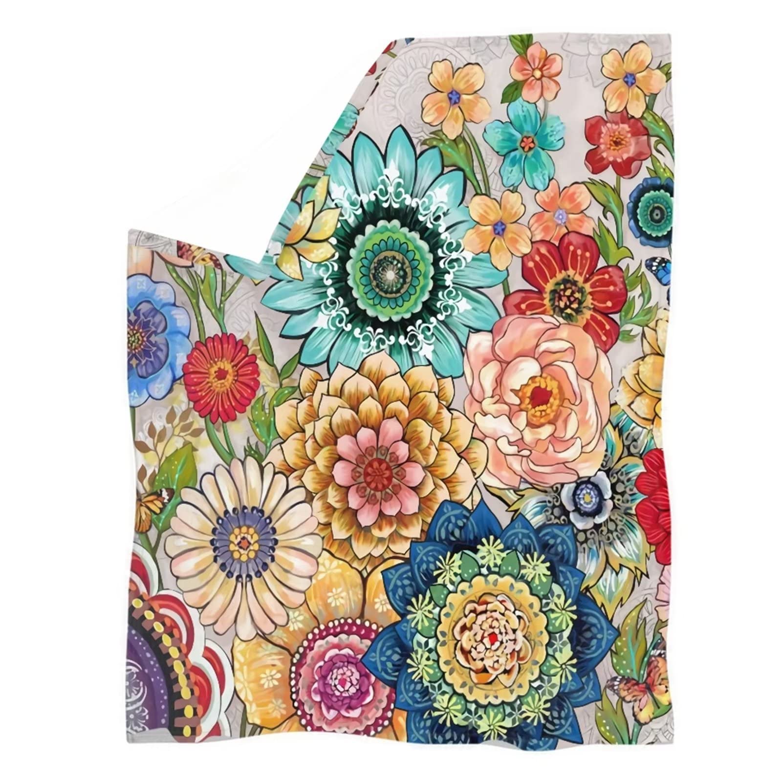 DISNIMO Flannel Fleece Throw Blanket - Boho Flower Print, Super Soft & Cozy Plush Blanket for Couch, Bed, Sofa & Chair (59.1