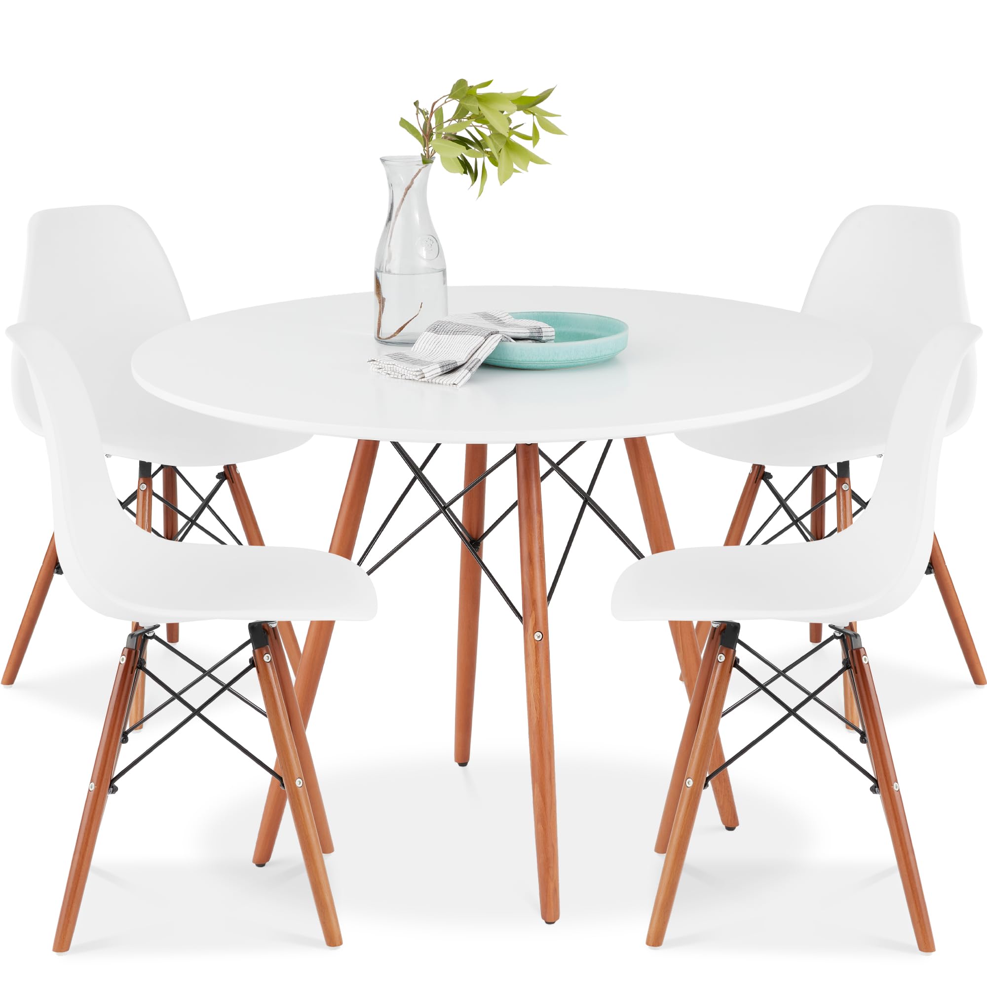 Best Choice Products 5-Piece Mid-Century Modern Dining Set - Compact Table & 4 Chairs with Plastic Seats, Wooden Legs & Metal Frame in White/Walnut - Perfect for Small Spaces, Apartments & Cozy Home Dining