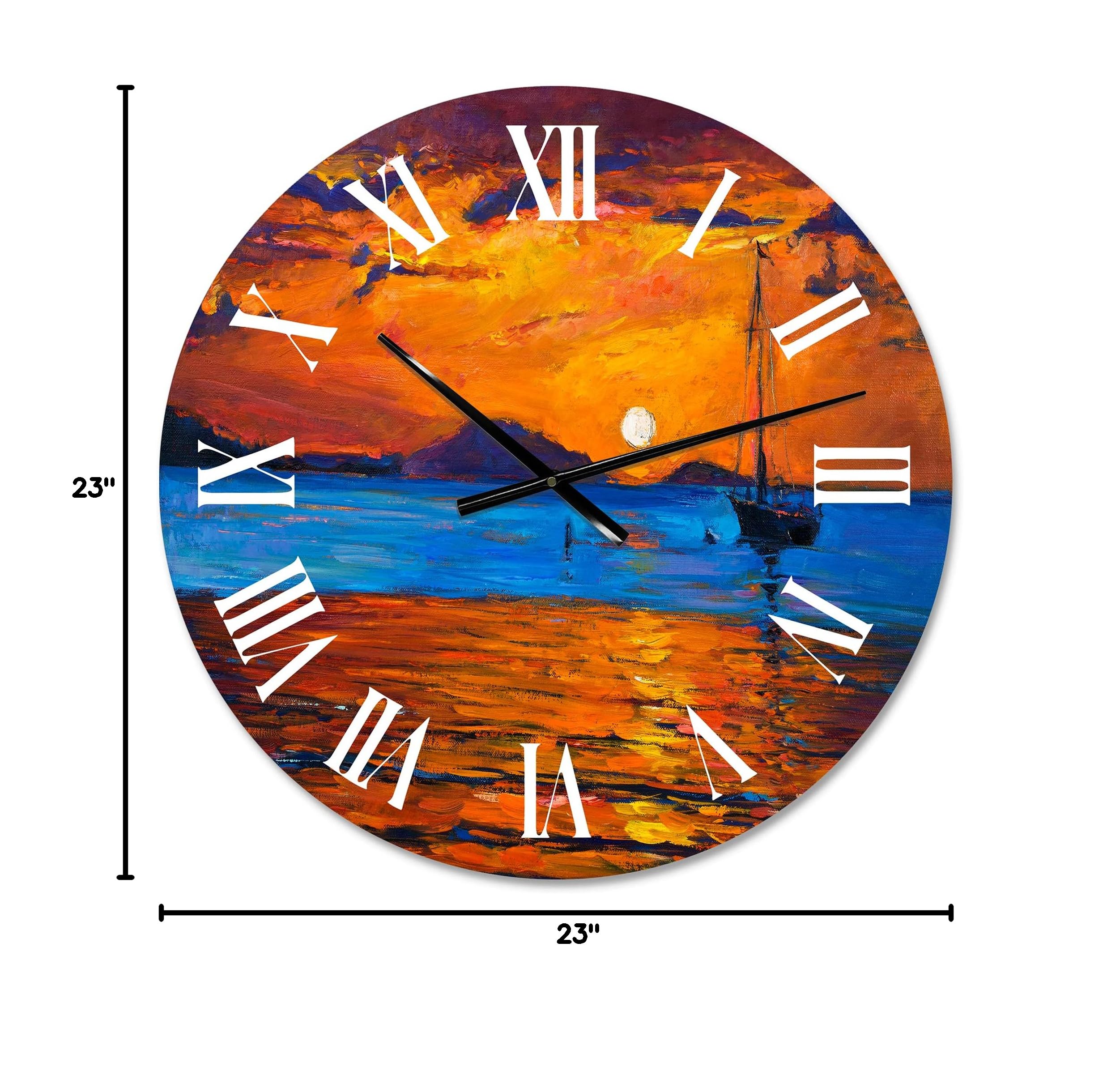 DesignQ Nautical Coastal Wall Clock - Orange Round Boat Sunset Lake Scene Clock for Home, Office & Cabin Decor | Perfect for Beach House, Living Room & Bedroom