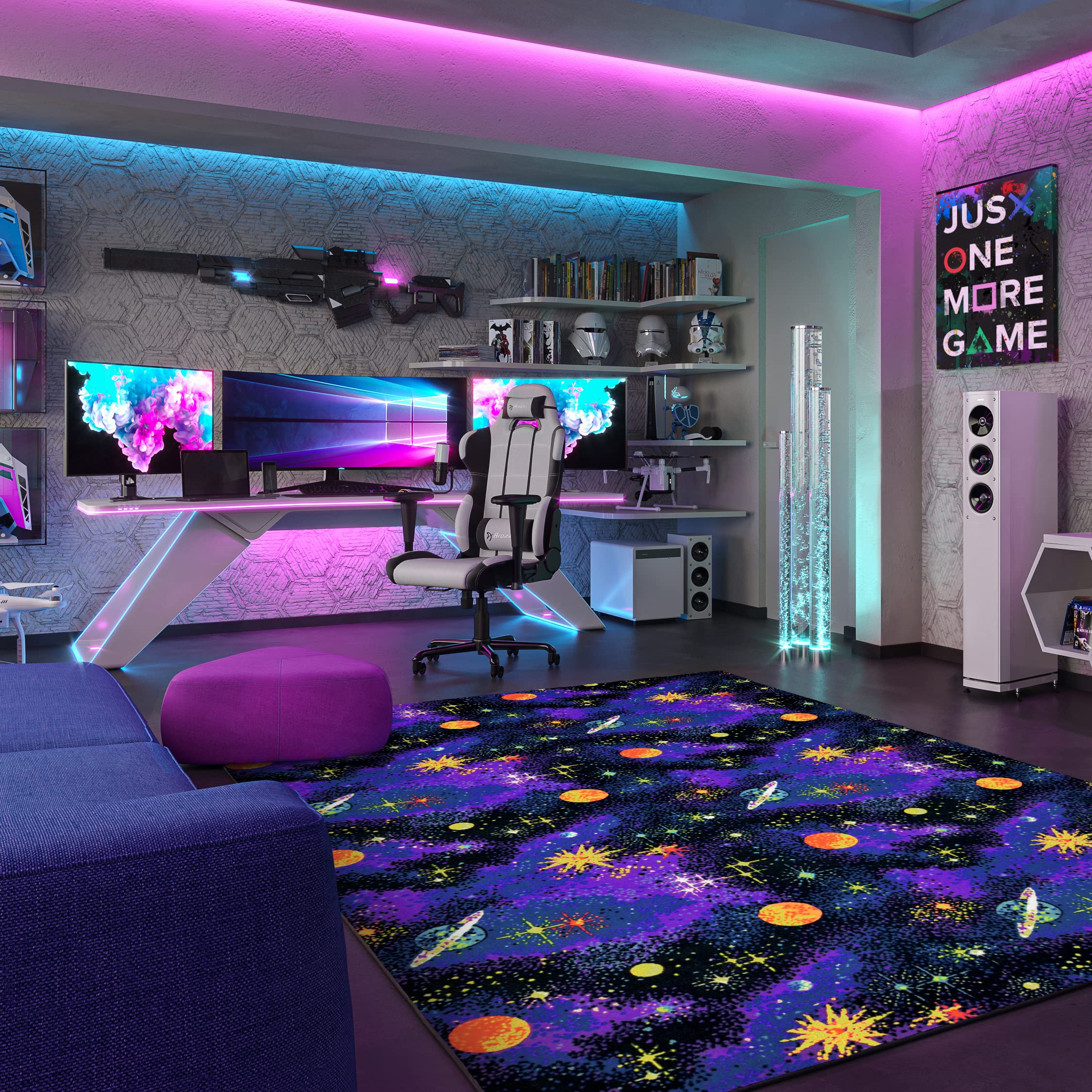 Joy Carpets Fluorescent Space Explorer 4' x 6' Kids Area Rug - Galaxy Themed Bedroom Decor for Boys & Girls | Playroom, Nursery, Dorm Room Floor Mat