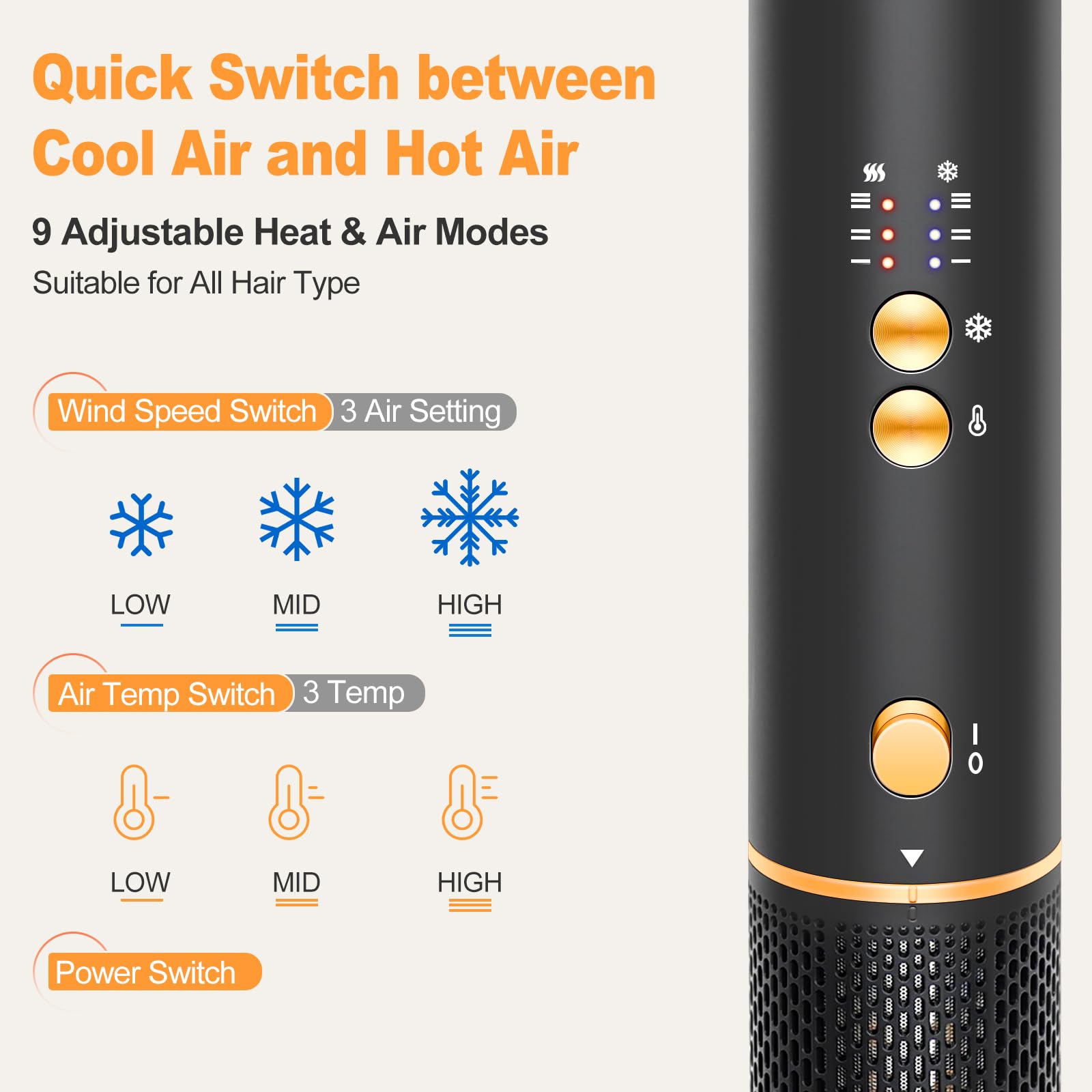 Professional Air Styler Hair Dryer Brush - 110,000 RPM Powerful Blow Dryer for Fast Drying, Curling & Volumizing | Auto-Wrap Curlers, Oval Brush & Round Nozzle | Salon-Quality Styling at Home (Black-Orange) - Perfect for Daily Hair Care, Salon Styling & Travel