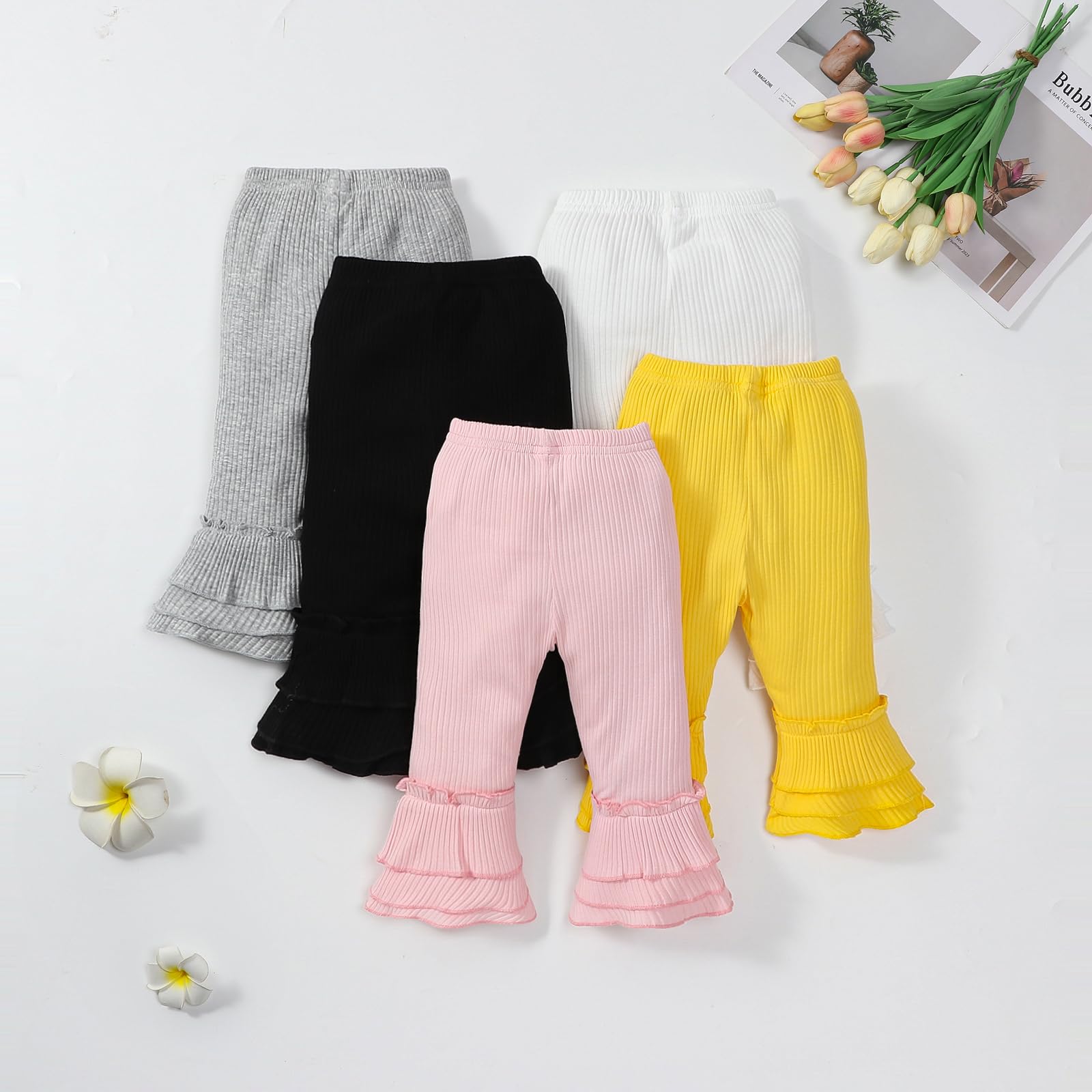 **5-Pack Stretchy Flare Pants with Ruffle Trim for Toddler & Baby Girls - Soft Fleece Leggings for Playtime, Daycare & Winter Outfits**