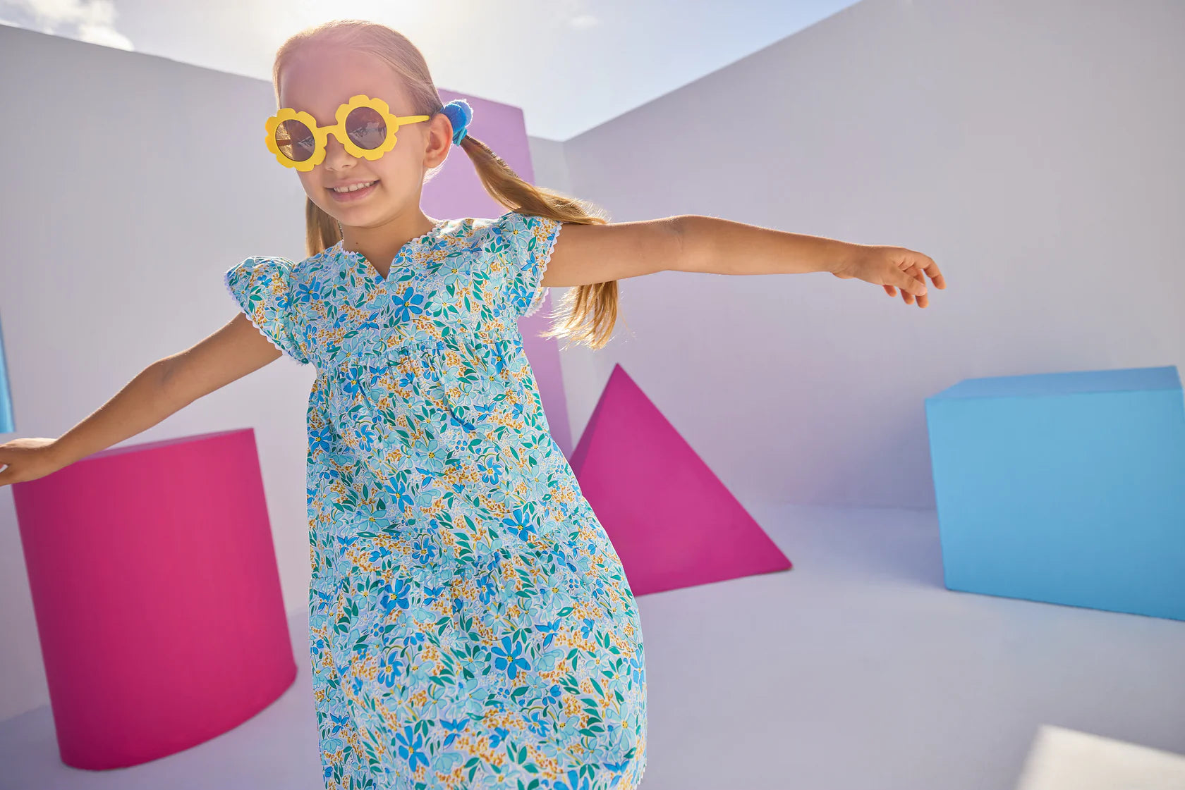 Bisby Positano Floral Print Midi Dress in Frangipani Blue - Perfect for Summer Weddings & Beach Vacations