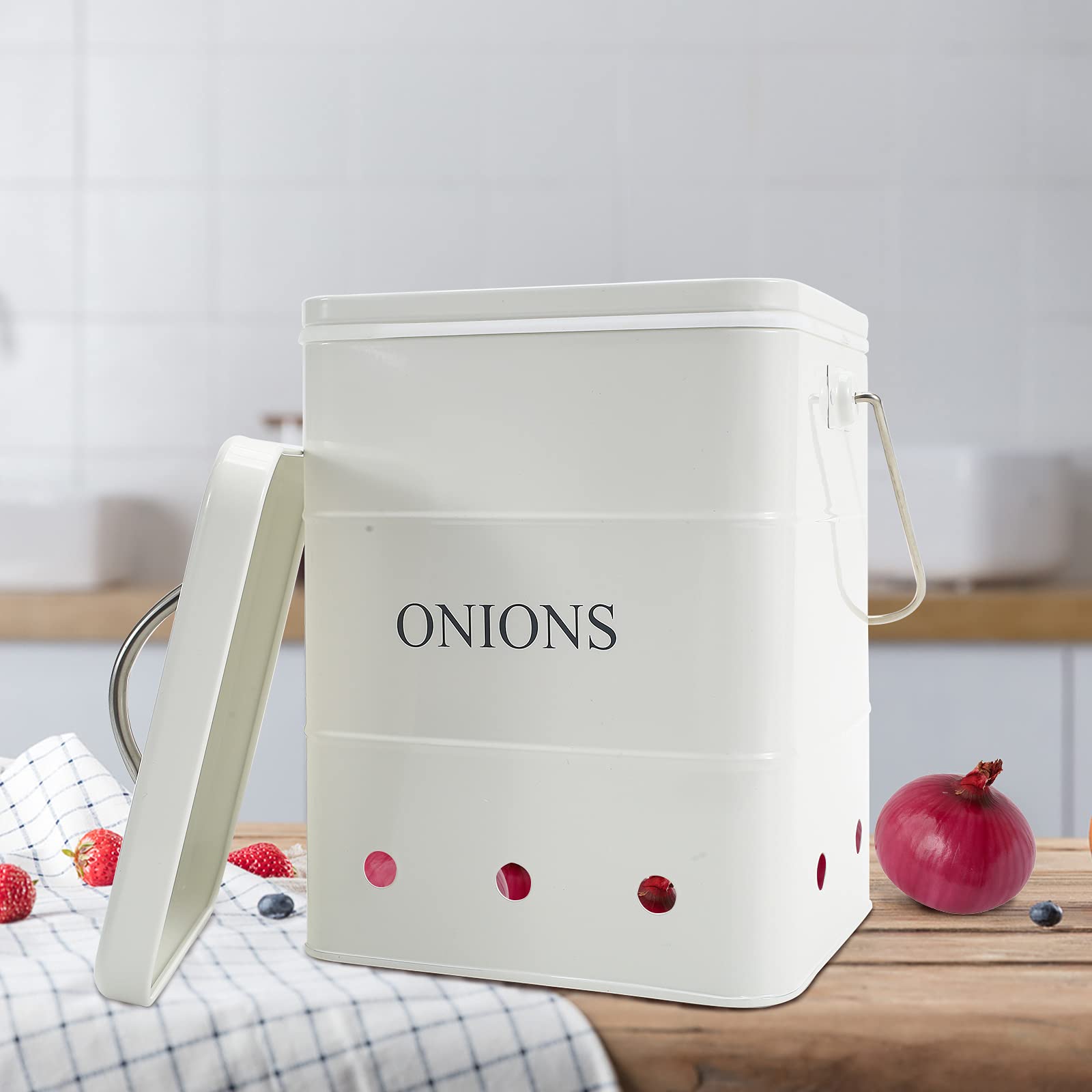 Metal Onion Storage Bin with Aerating Holes - Kitchen Pantry Organizer for Fresh Vegetables (White)