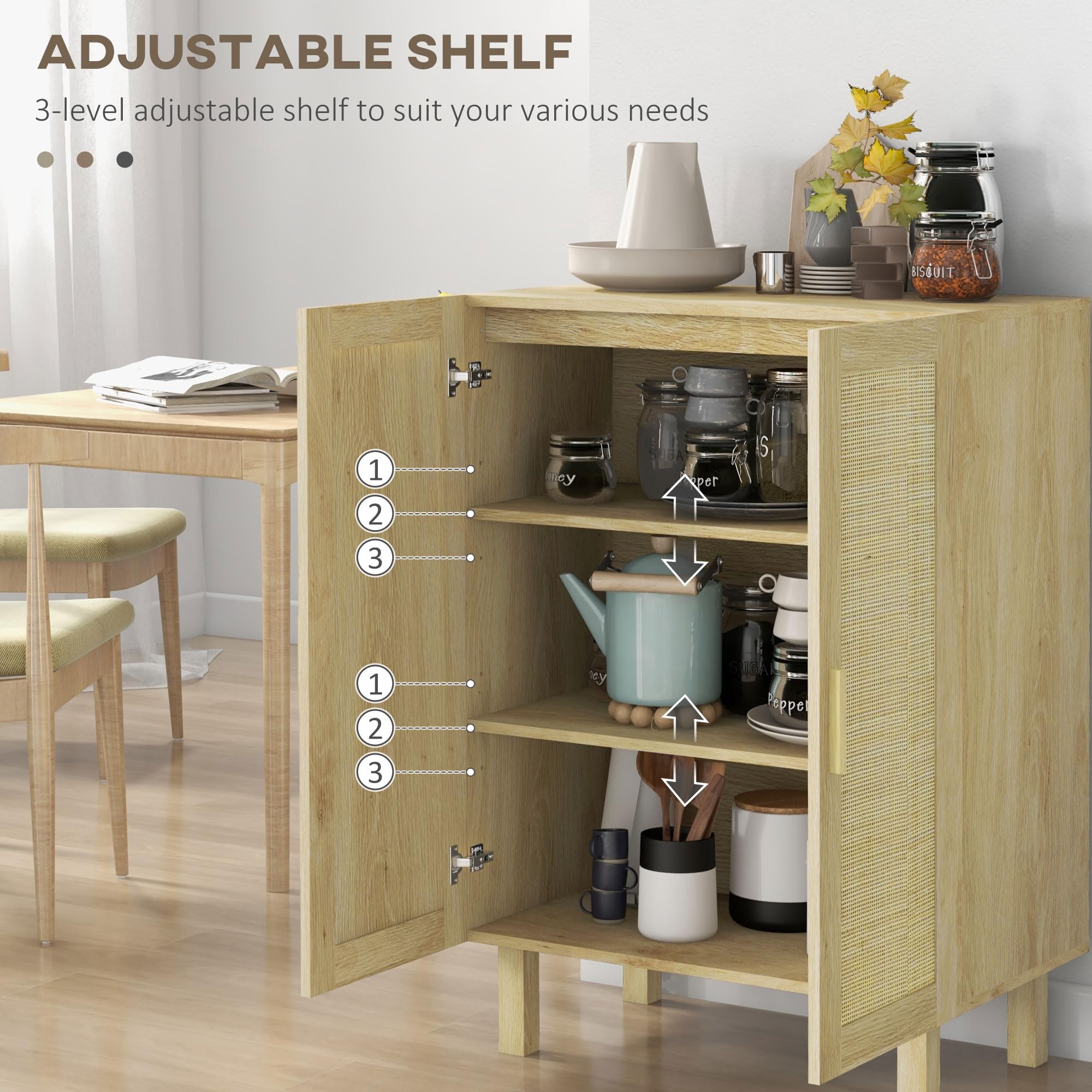HOMCOM Sideboard Buffet Cabinet with 2 Rattan Doors & Adjustable Shelves - Kitchen Coffee Bar Cabinet for Living Room, Dining Room - Natural Wood Storage Organizer for Home Decor & Entertaining