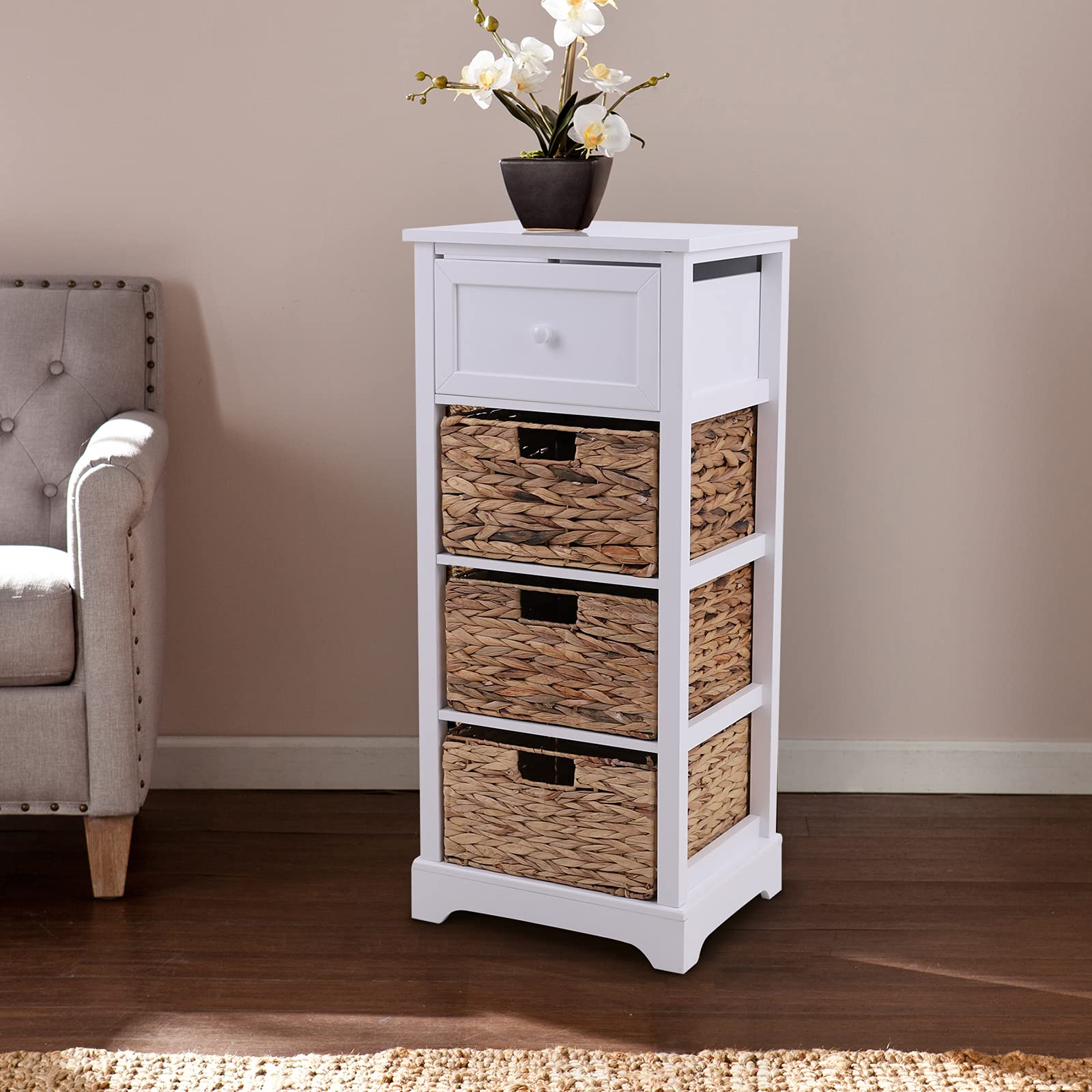 MAISON ARTS White Storage Cabinet with 1 Drawer & 3 Removable Baskets - Rustic Entryway Accent Cabinet for Living Room, Bedroom, Kitchen & Dining Room - Perfect for Organizing Shoes, Blankets & Home Decor