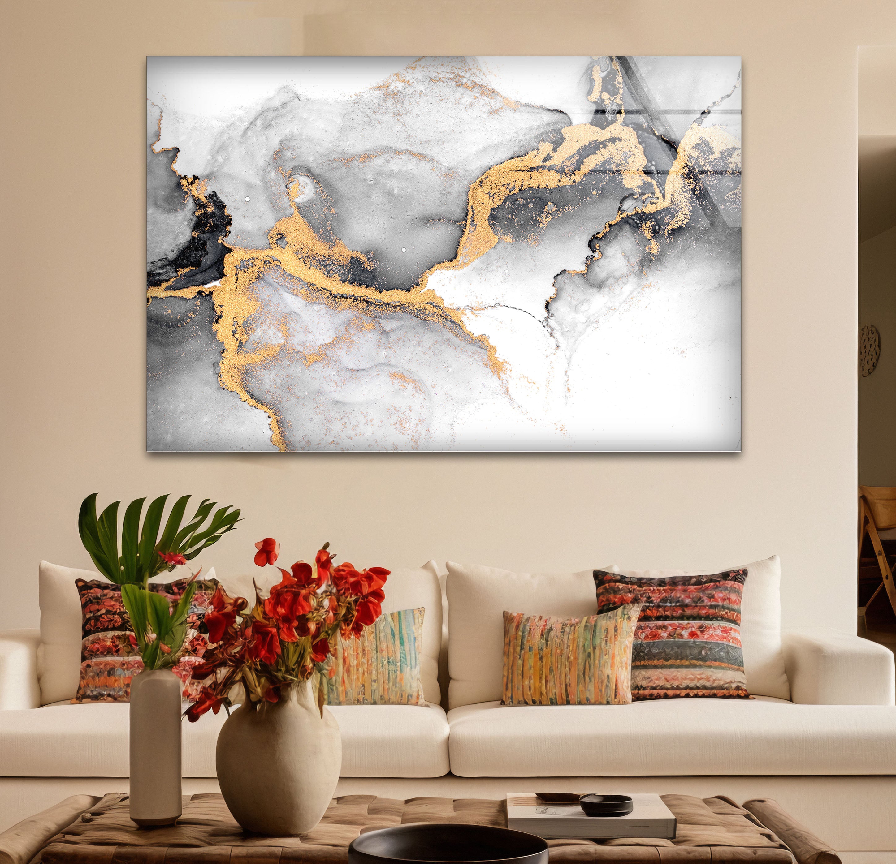 Black White and Gold Abstract Wall Art - Minimalist Glass Print for Modern Home & Office Decor | Perfect for Living Room, Bedroom & Office Spaces