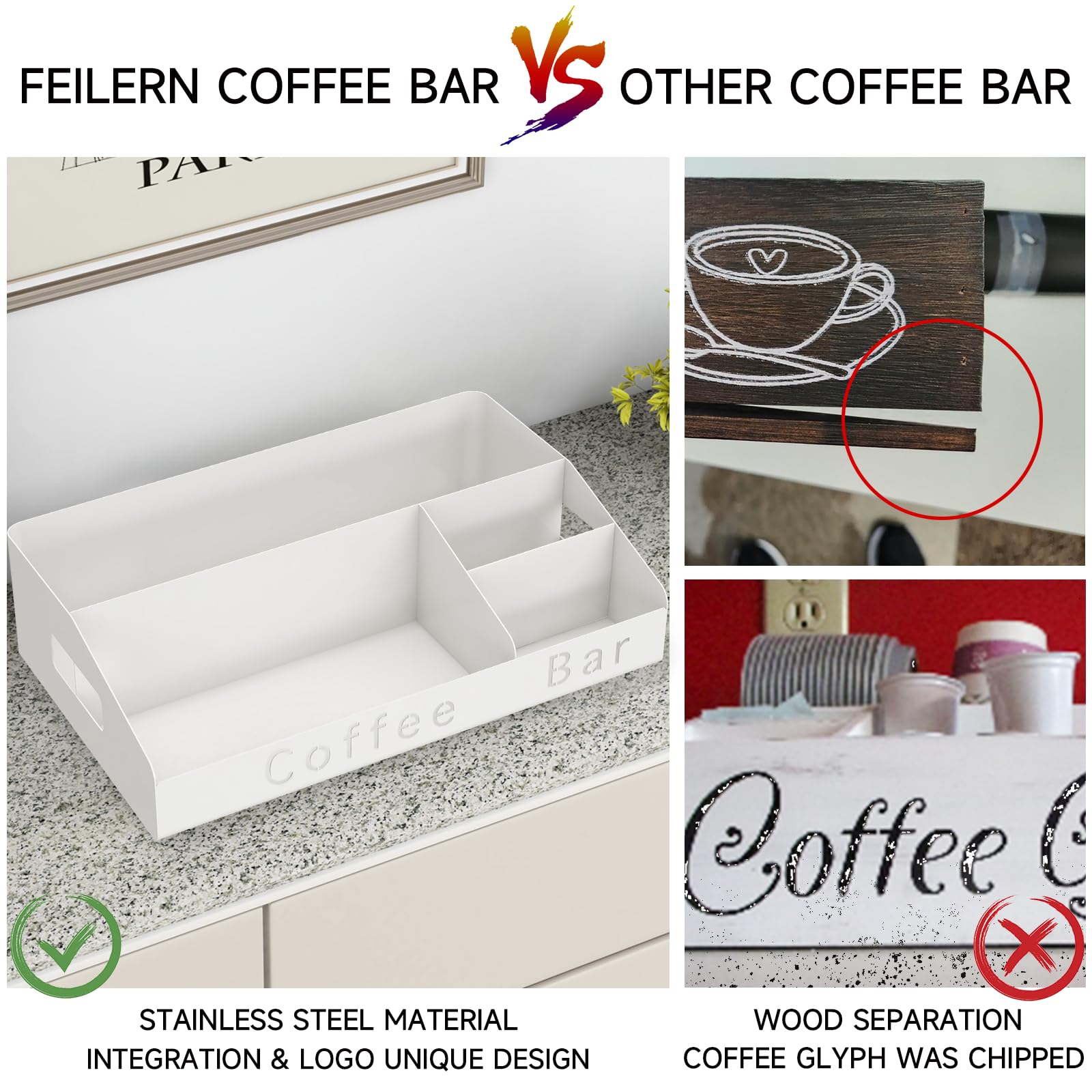 Metal Coffee Bar Organizer - Countertop Coffee Station Organizer with K-Cup Holder, Syrup & Stirrer Storage Basket (White) | Perfect for Kitchen Counter, Office Breakroom & Coffee Shop Organization