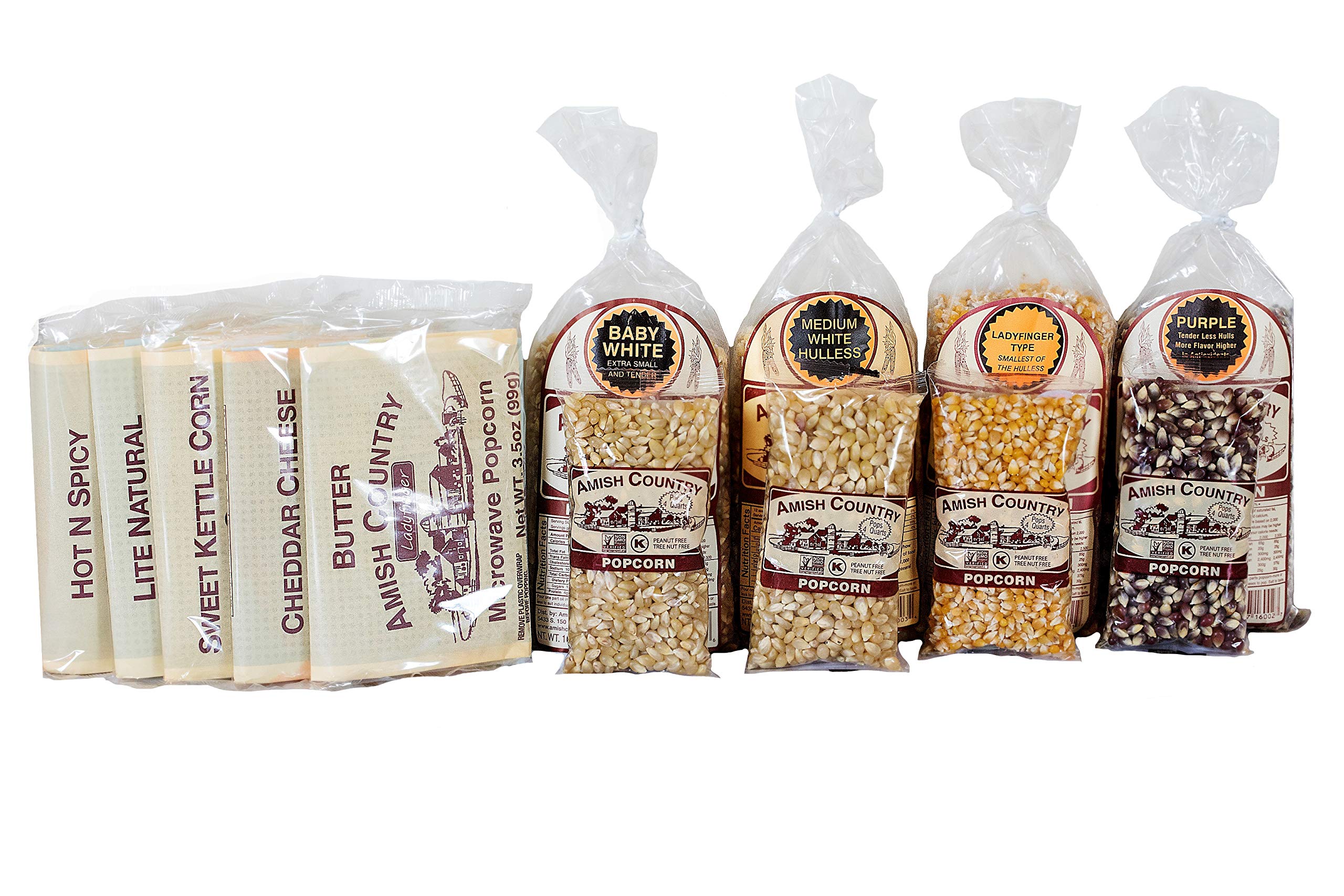 Amish Country Popcorn Variety Sampler Pack - 4-4 oz Bags, 4-1 lb Bags & 5 Microwave Popcorn Bags - Baby White, Medium White, Ladyfinger & Purple Popcorn Kernels - Perfect for Movie Nights, Snacking & Family Gatherings