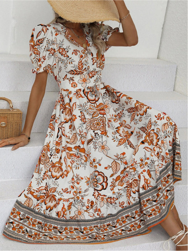 Women's A-Line Maxi Dress with V-Neck & Floral Print - Casual Summer Beach Dress for Vacation, Party & Outdoor Events