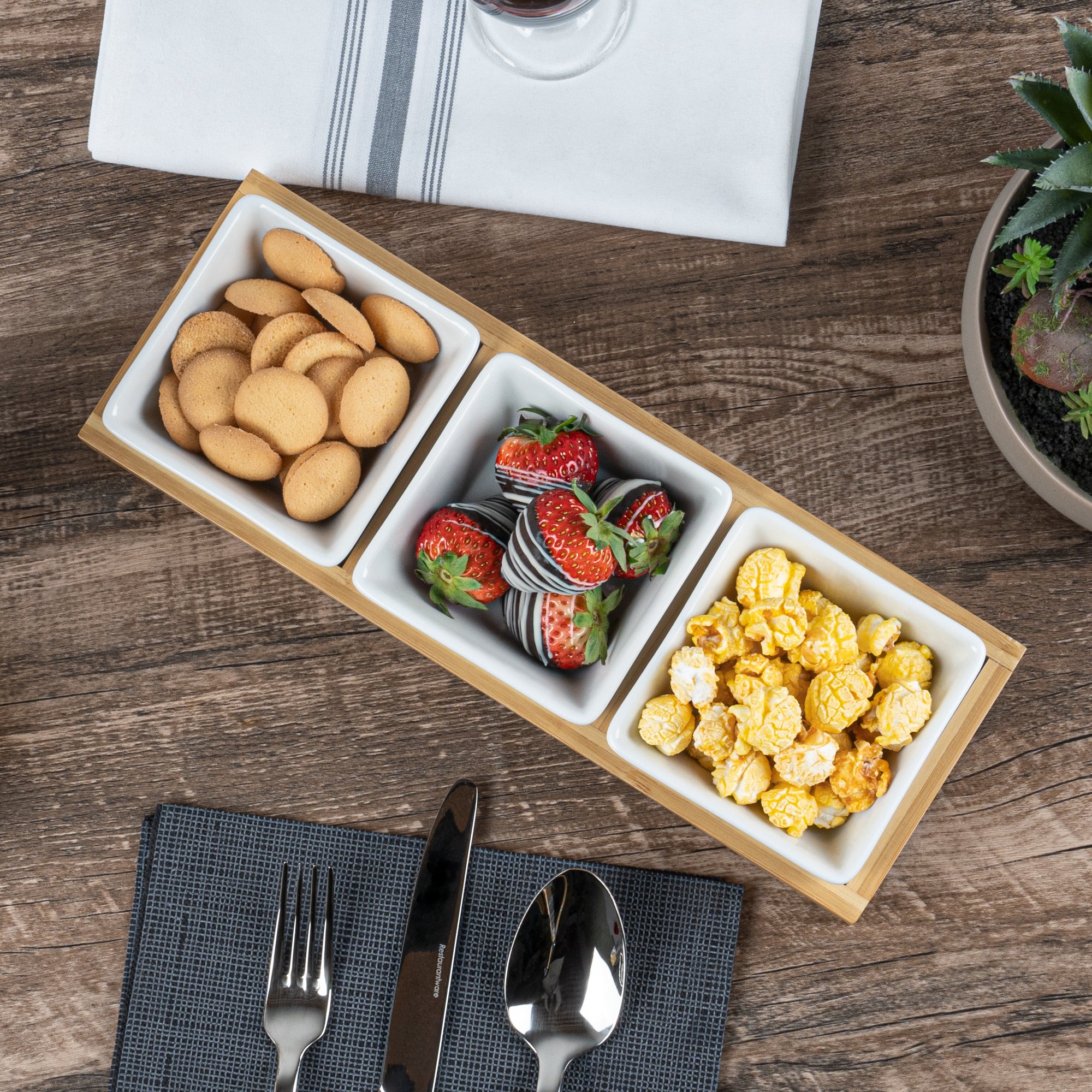 Premium 6 oz White Porcelain Modern Bowl Set with Bamboo Tray - 3 Rectangle Bowls (11.75