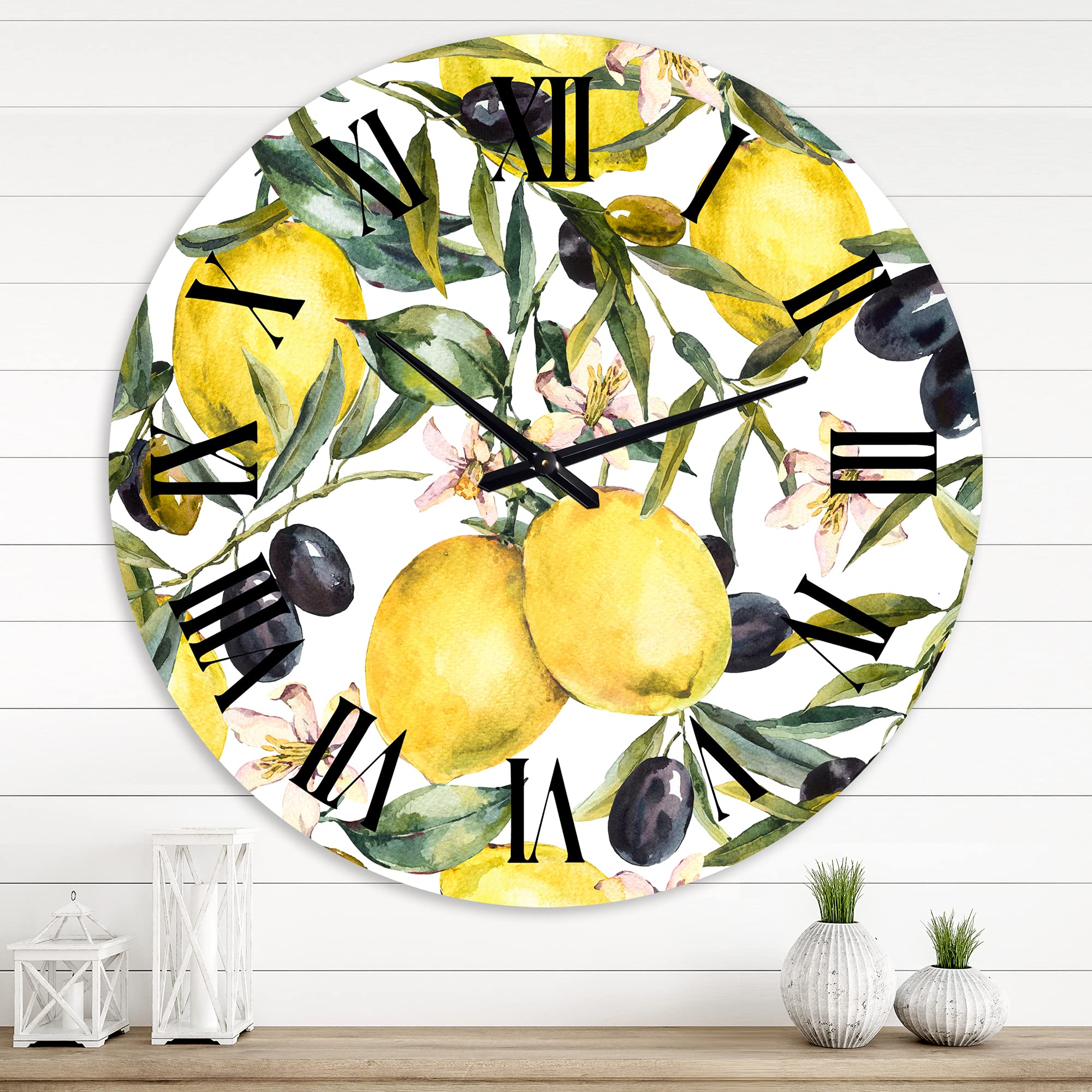 Tropical Wall Clock 'Lemon & Olive Branches' - Large Decorative Kitchen Clock for Home, Office & Cafe - Perfect for Dining Room, Bar & Restaurant Decor
