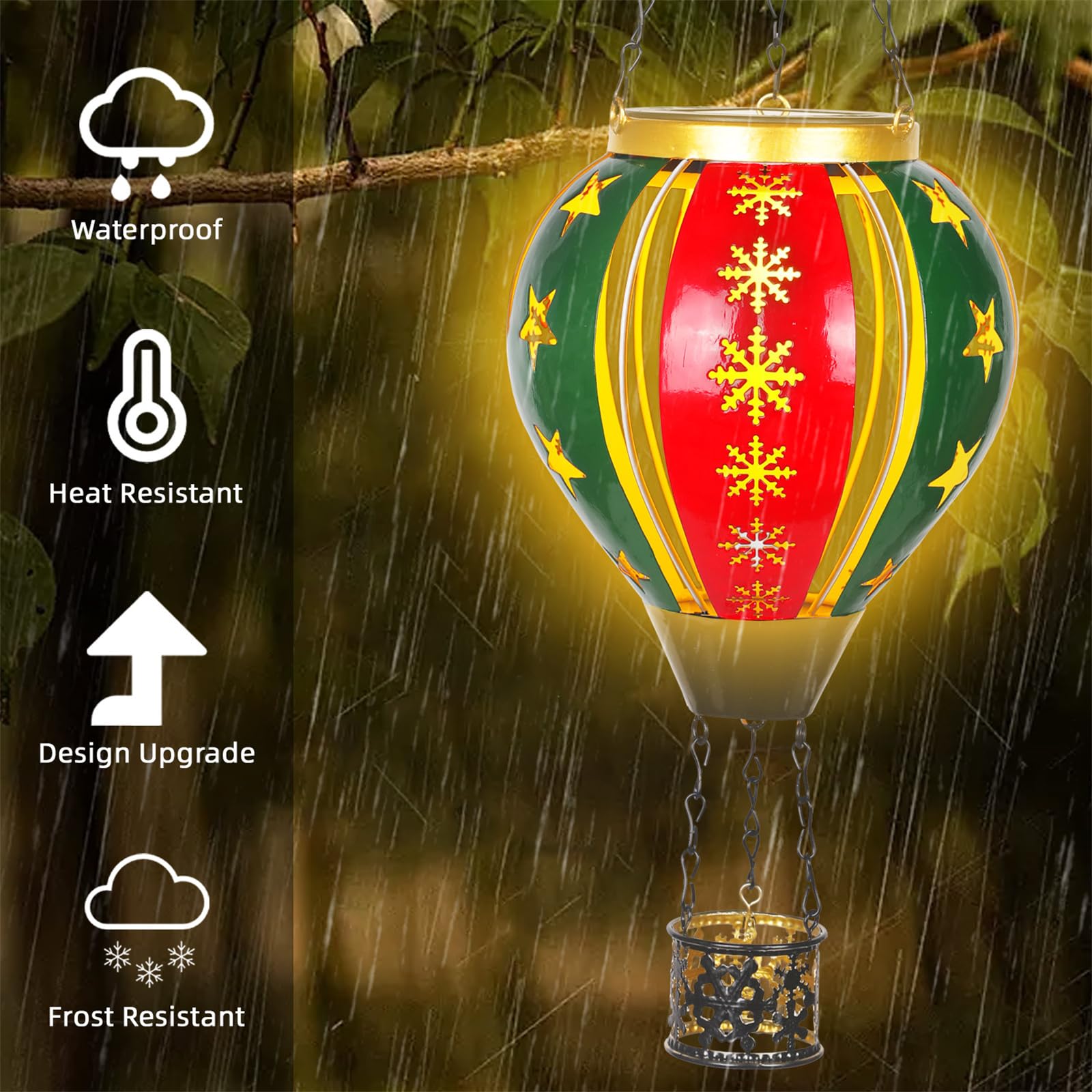 Solar Powered Christmas Lanterns - Waterproof Hanging Hot Air Balloon Lights with Flickering Flame Effect for Outdoor Garden, Yard, Tree Decor - Metal Farmhouse Holiday Decorations (Perfect for Christmas, Parties, Weddings & Patio Lighting)