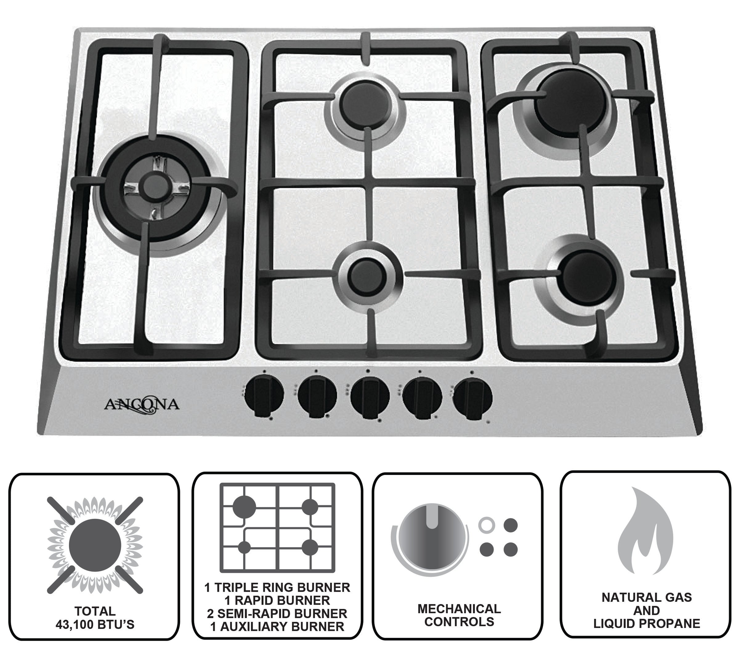 30 Inch 5 Burner Professional Gas Cooktop - Stainless Steel Built-in Stovetop for Home Kitchen | Perfect for Cooking, Grilling & Entertaining