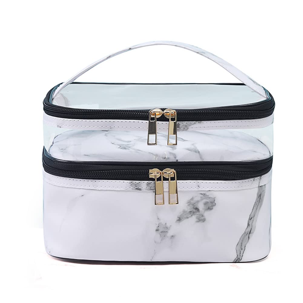 FITINI Double Layer Travel Makeup Bag - Water-Resistant Cosmetic Organizer & Toiletry Case for Women with Makeup Brush Holder, White Marble Design - Perfect for Travel, Gym, and Daily Beauty Storage